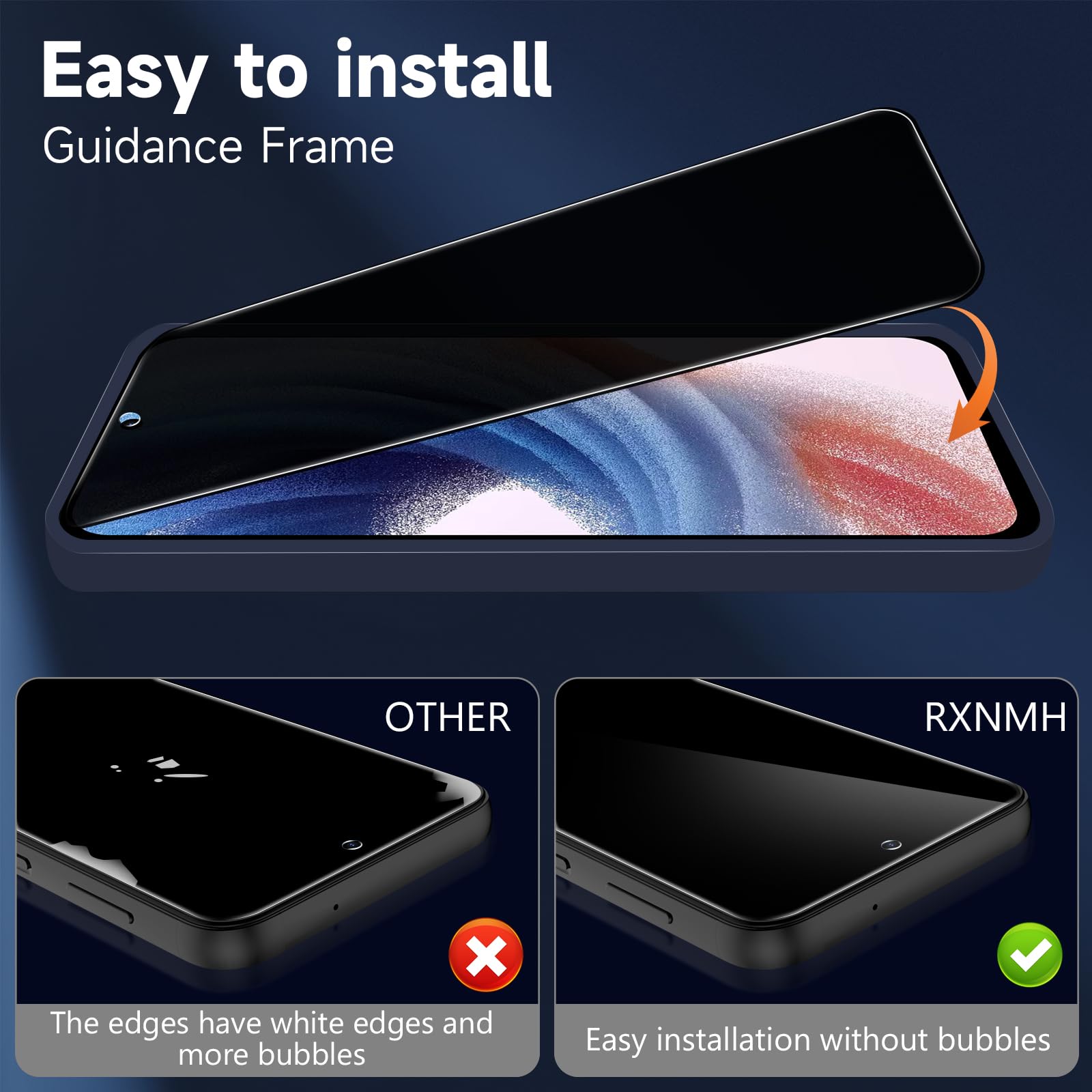[Paquete de 2+2] Protector de pantalla de privacidad para Samsung A55 5g – Paquete de 2 películas de privacidad + 2 unidades de lente de cámara de vidrio templado, [100% de capacidad de