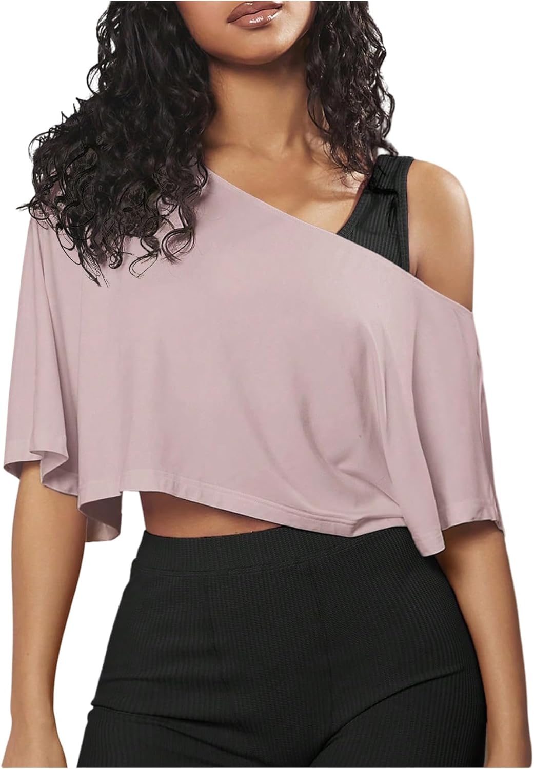 SOLY HUX Women's Off The Shoulder Tee Yoga Workout Crop Top Half Sleeve Asymmetrical Neck Activewear T Shirt