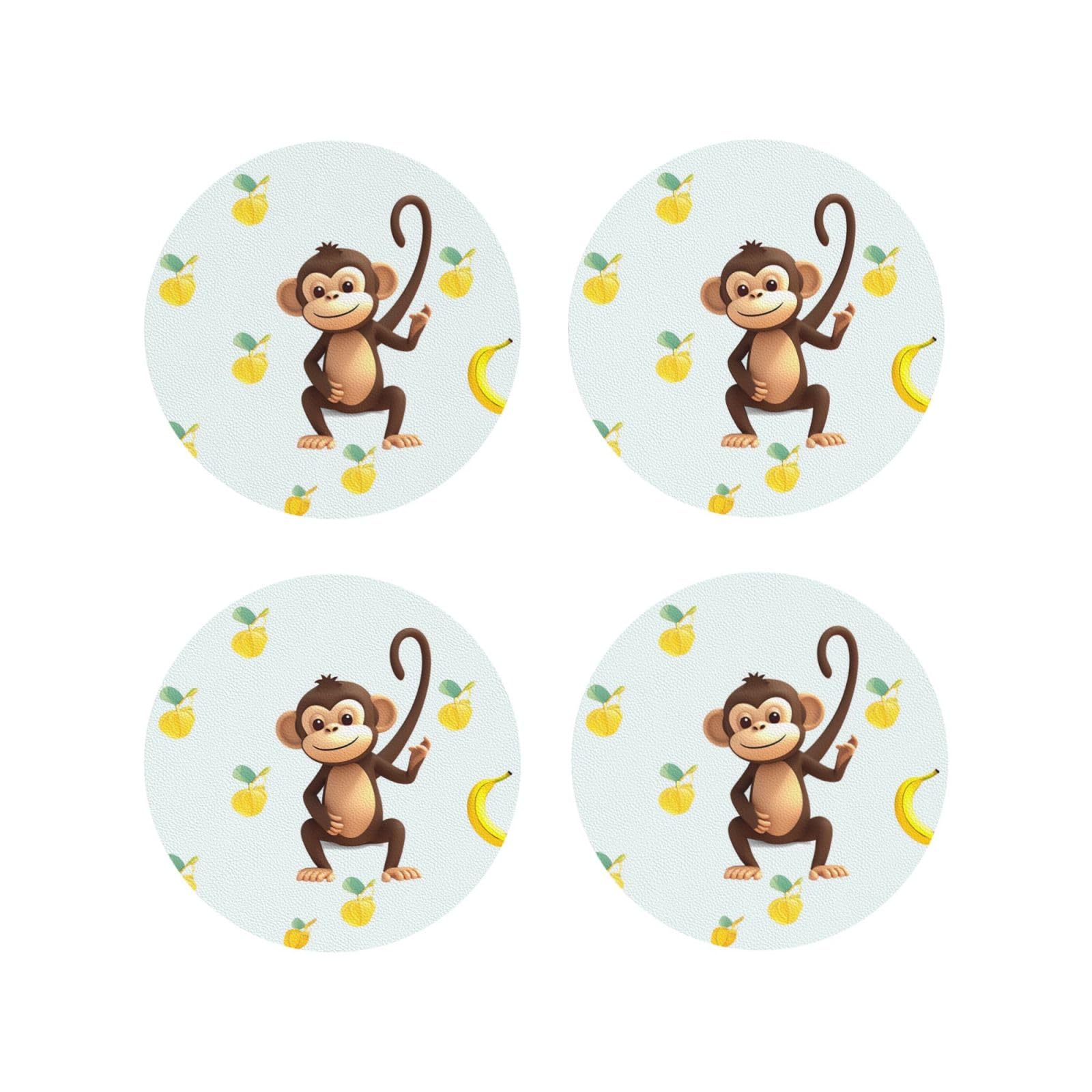 4pcs Drink Coasters for Tabletop Protection, 4" Leather Coasters for Drinks, Monkey and Banana Cup Coasters for Coffee Table Decor, Non-Slip Drinking Cup Mat for Hot Or Cold Drink
