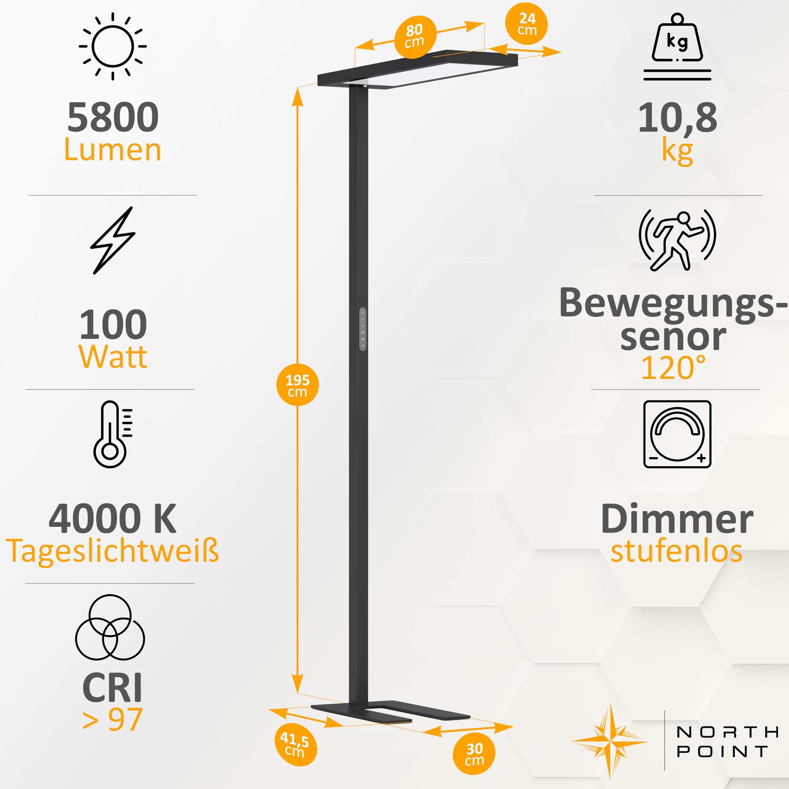 Northpoint LED Stehlampe 100W Büro-Standleuchte mit Bewegungsmelder & Touchsteuerung – 5800 Lumen, 4000K Tageslichtweiß, dimmbar, Favoritenmodus, Timer Büro- & Wohnzimmerlampe (schwarz)