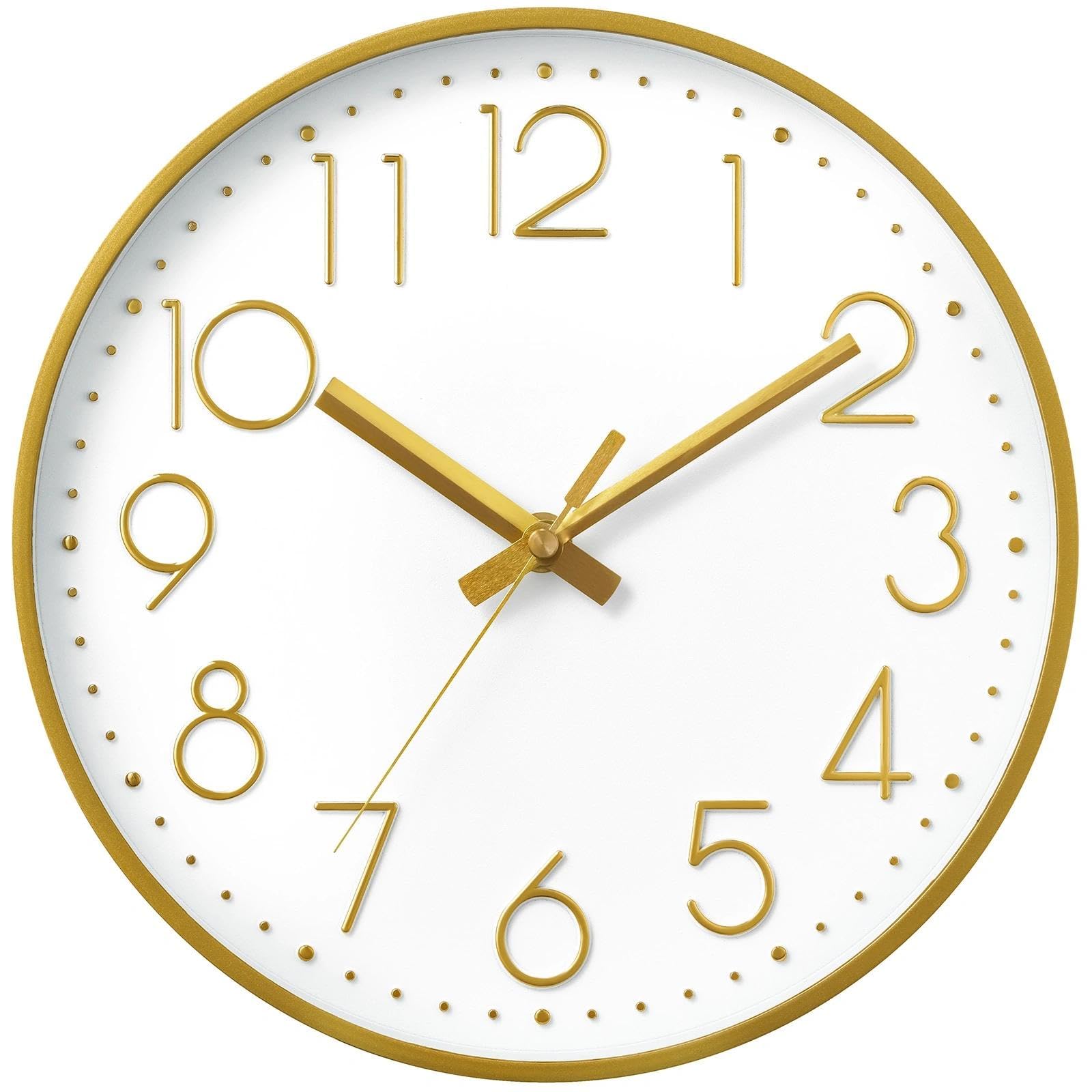 DAXSMY Wall Clock 10 Inch Gold Decorative, Battery Operated Silent
