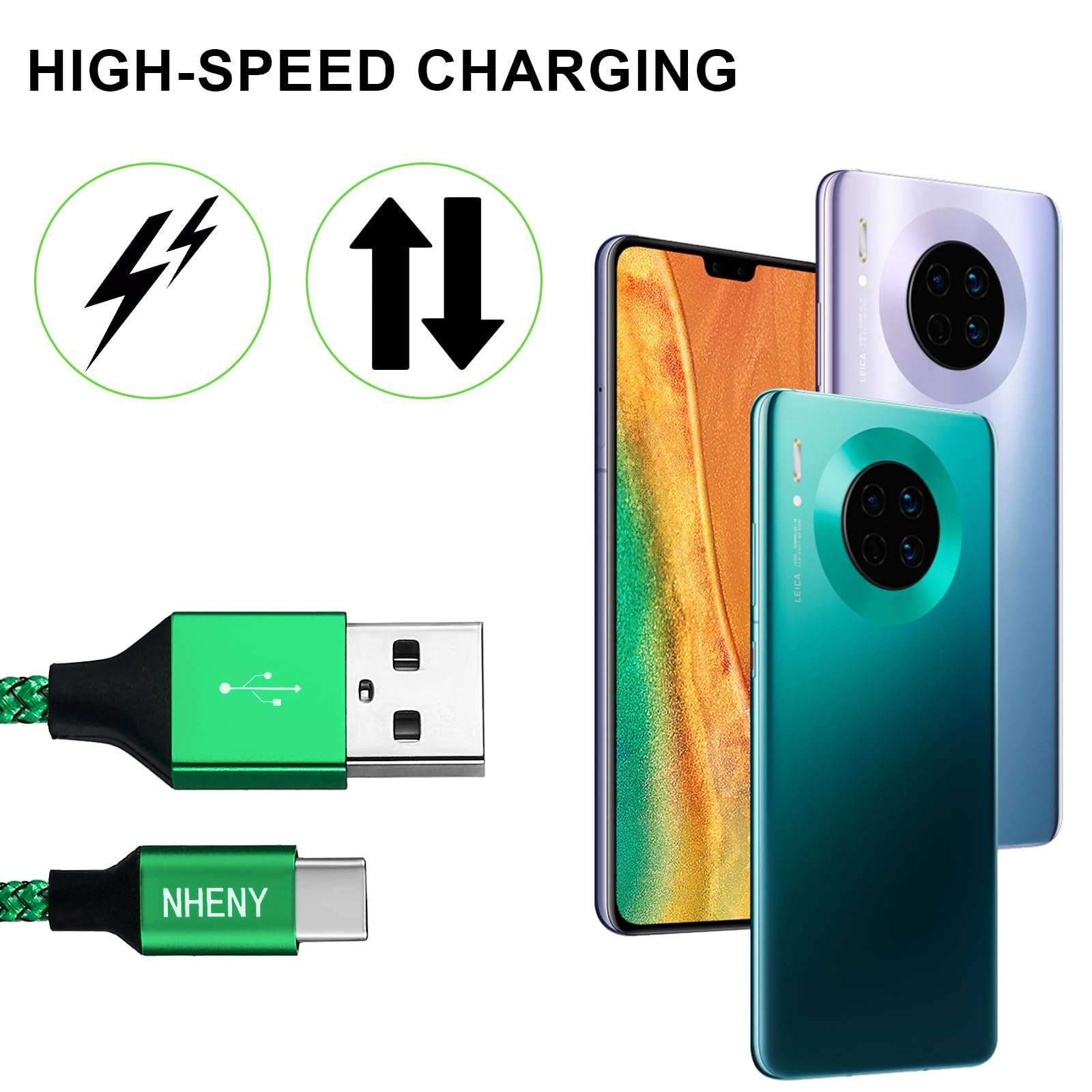 Cavo di ricarica di tipo C verde USB C Premium in nylon lucido intrecciato cavo di ricarica rapida, confezione da 4 pezzi, 3 m, 0,8 x 1,8 m, 0,9 m, per telefono serie 15/16 Plus, Note 10/S10, LG