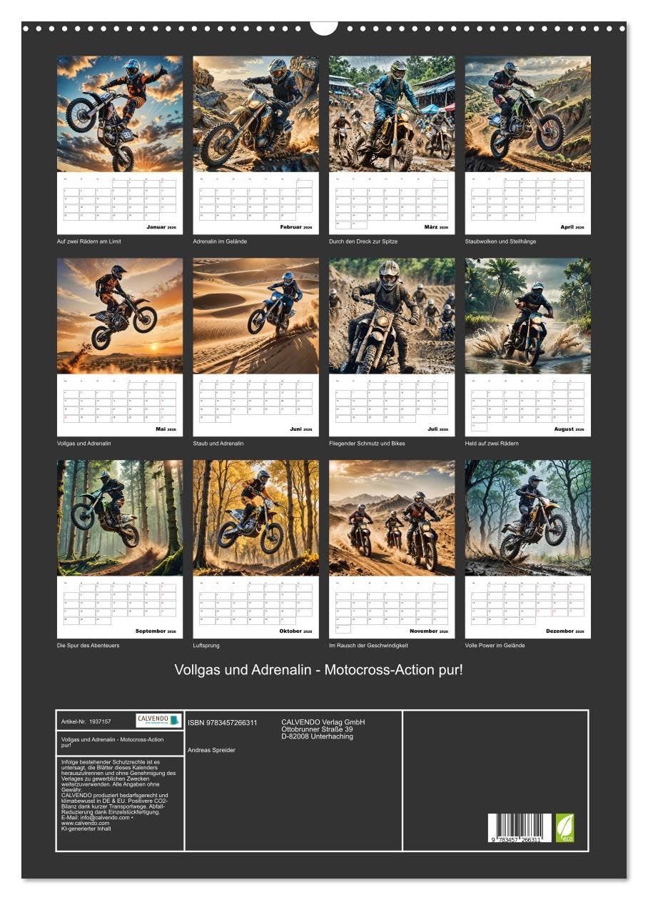 Vollgas und Adrenalin - Motocross-Action pur! (Wandkalender 2026 DIN A2 hoch), CALVENDO Monatskalender: Motocross-Action in spektakulären, KI-generierten Bildern.