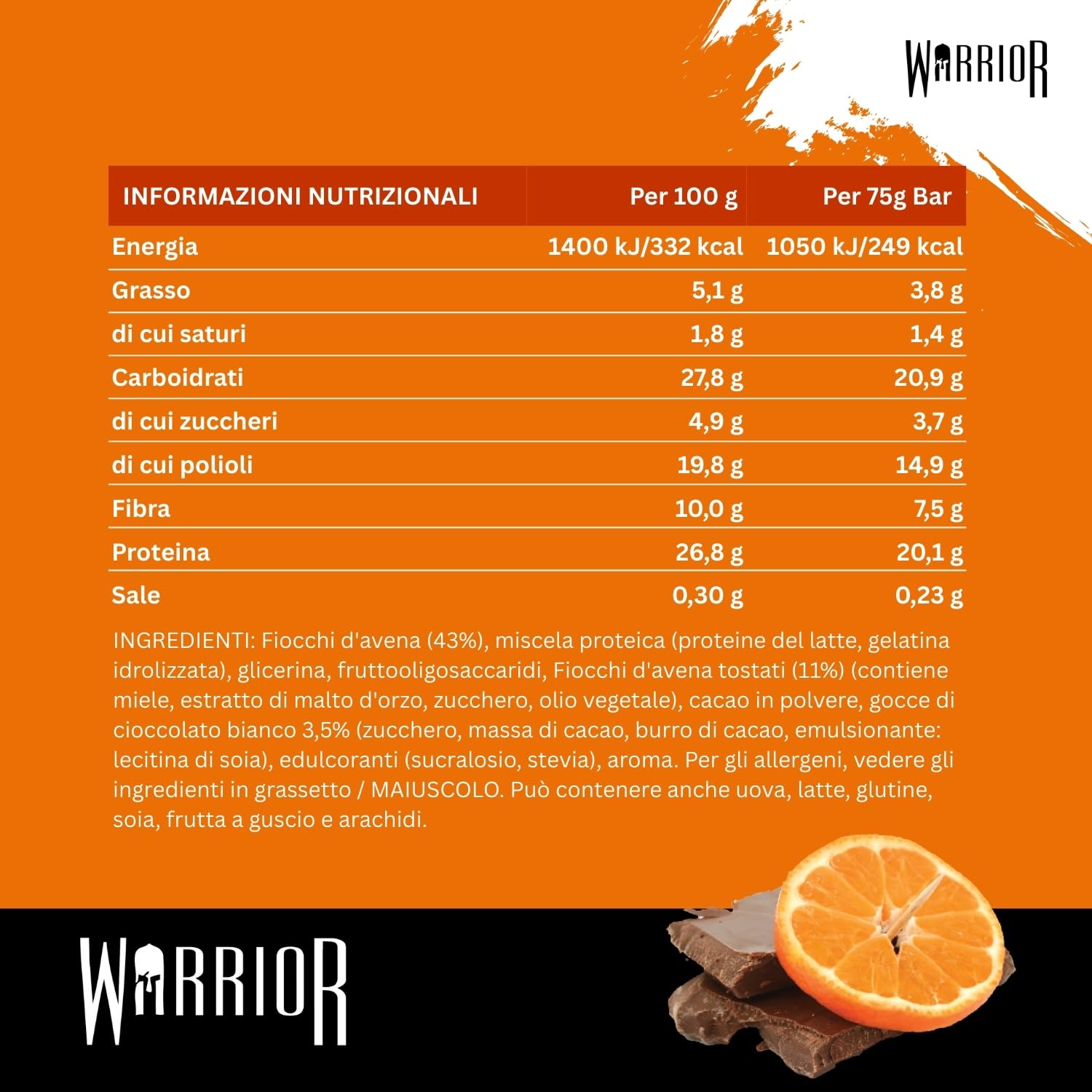 Warrior Raw Protein Flapjack – Barrette Proteiche ad Alto Contenuto di Fibre e Proteine, Basso Zucchero, Spuntino Energetico (Cioccolato e Arancia)