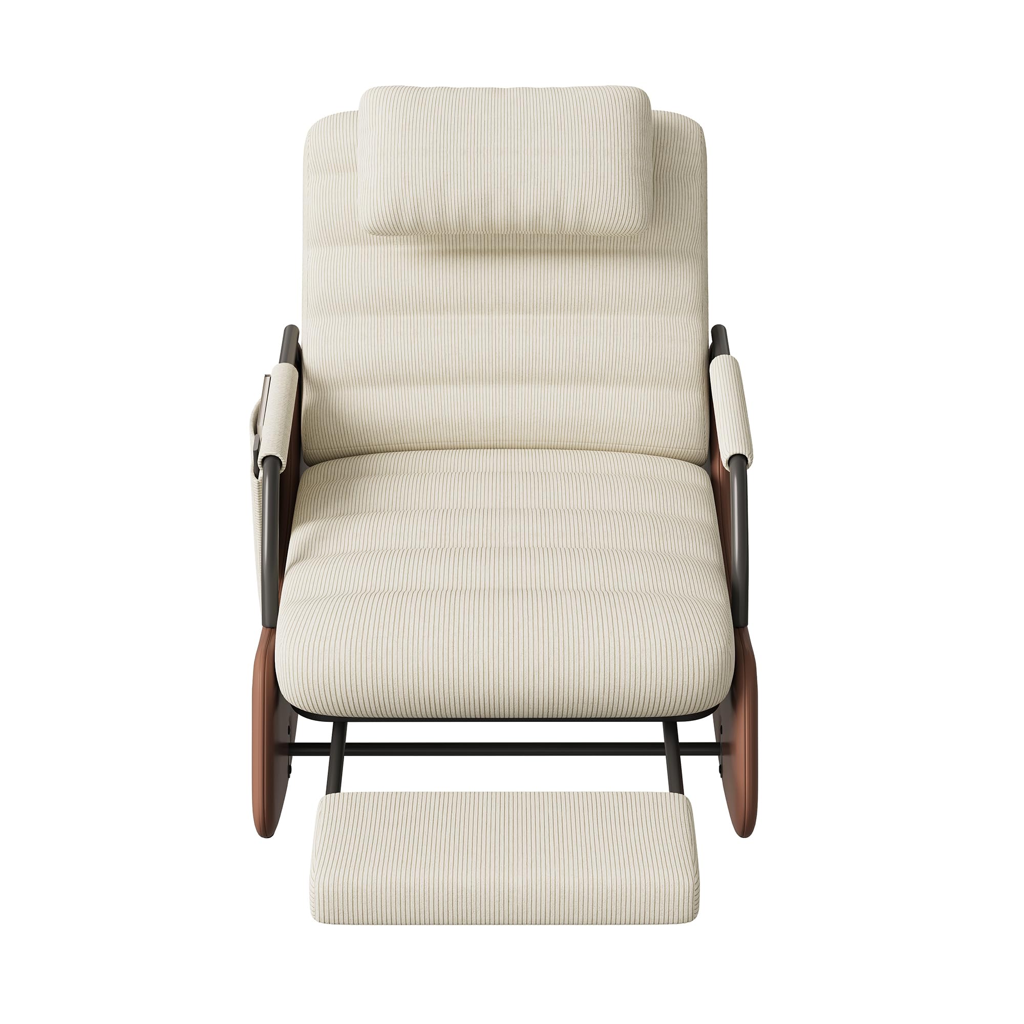 Schaukelstuhl mit ausziehbarer Fußstütze & Kopfstütze, Relaxsessel 3-stufig verstellbar, Kuscheliger Teddy-Fleece Lesesessel in Beige mit braunem PU-Leder, Moderner Fernsehsessel für Wohnzimmer