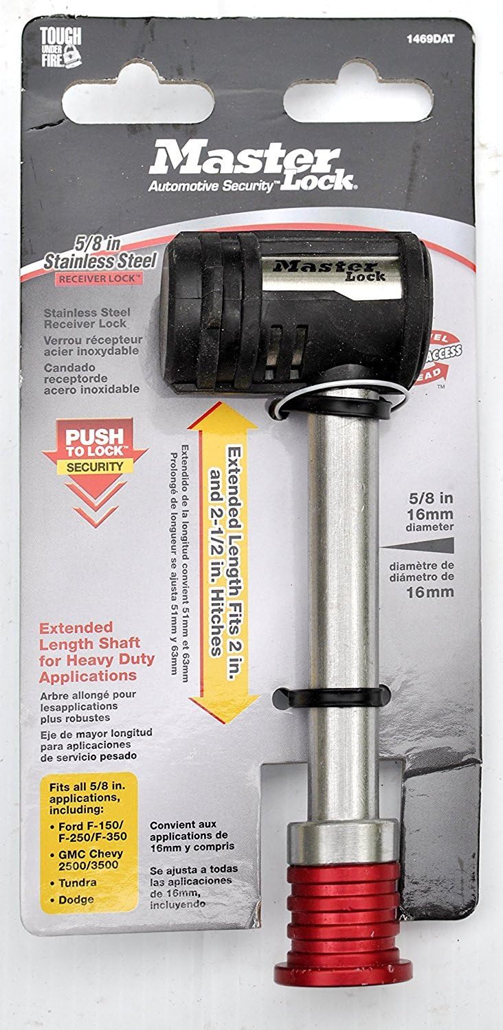 Master Lock Receiver Lock, Stainless Steel Barbell™ Receiver Lock, Fits 5/8 in. Receivers, Weather Resistant Automotive Receiver Lock, 1469DAT, Silver and Red : Automotive