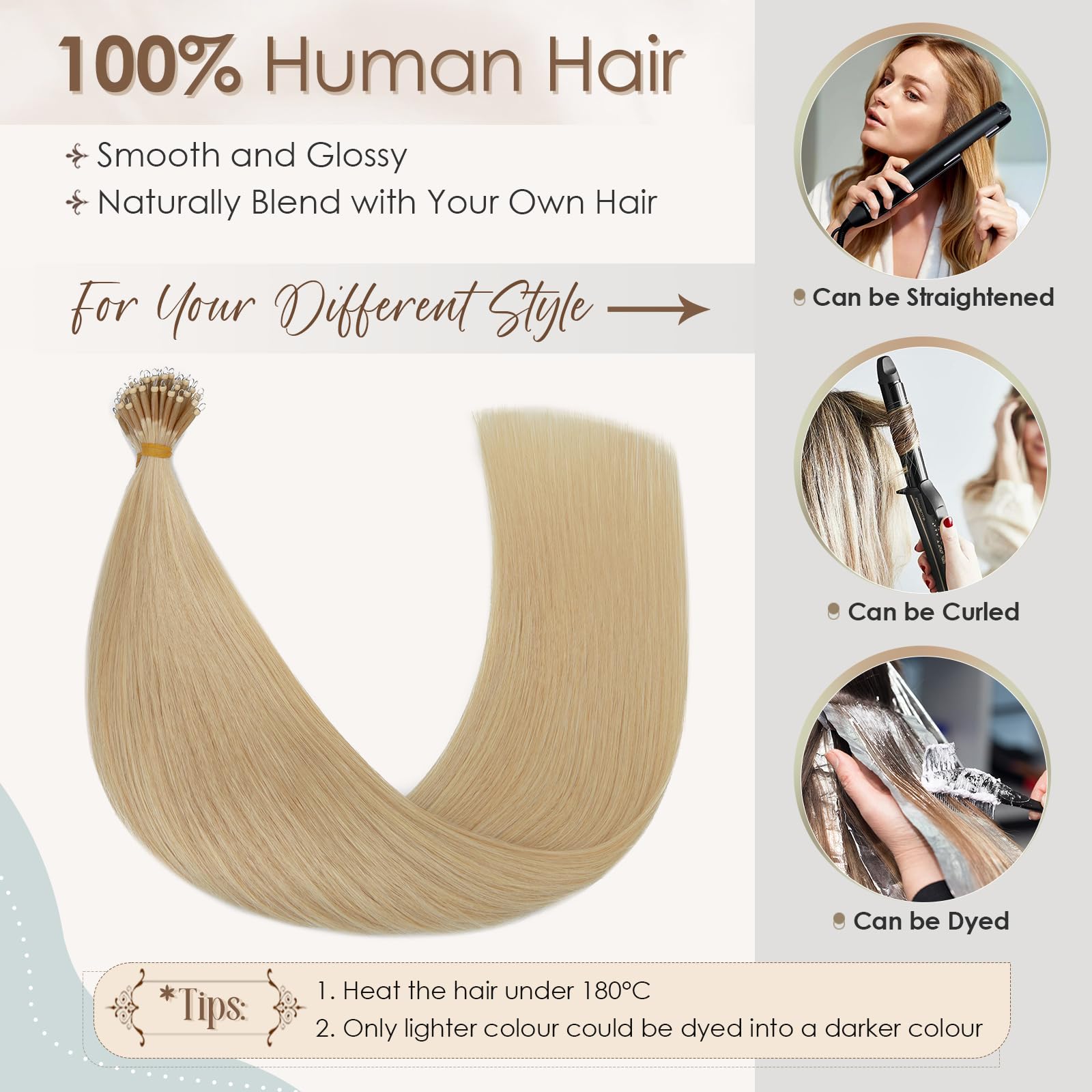 Elailite Blonde Hair Extensions Real Human Hair Nano Ring Beads Cold Fusion 50 Strands 50g Straight (#613 Bleach Blonde, 14 Inch) - Image 4