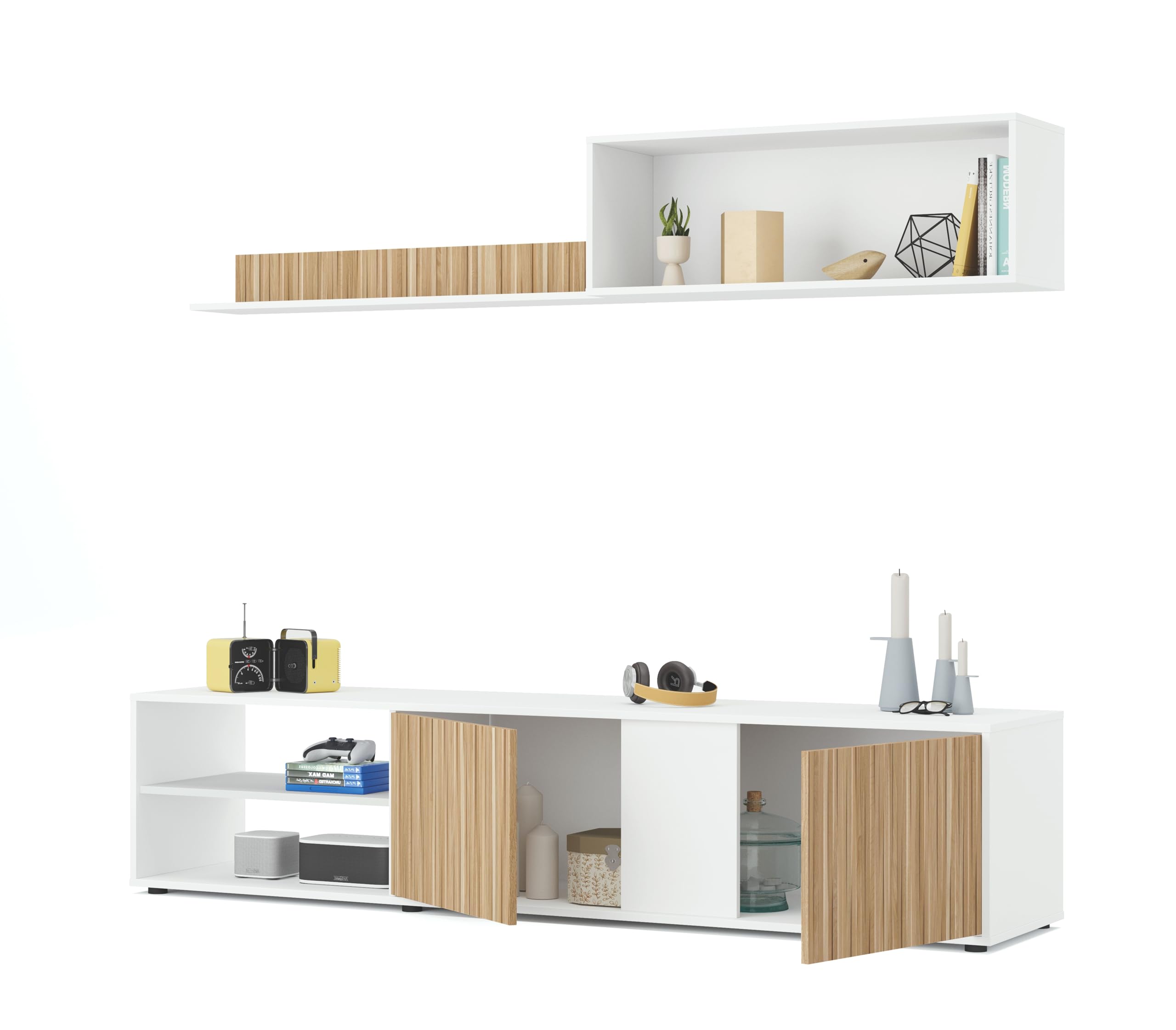 Mobelcenter, Mueble de Salón Ecco, Módulo TV, Módulo Superior y Estante, Color Blanco Artik y Natur, Medidas: Ancho: 180 cm x Fondo: 33 cm x Alto: 40 cm (1442)
