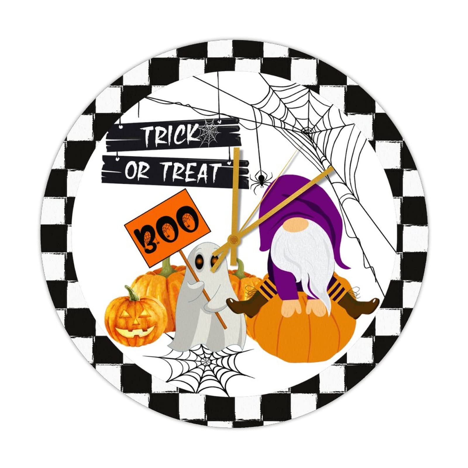 Horloge ronde en bois Halloween Gnome Déco d'Automne Plaid Noir Blanc