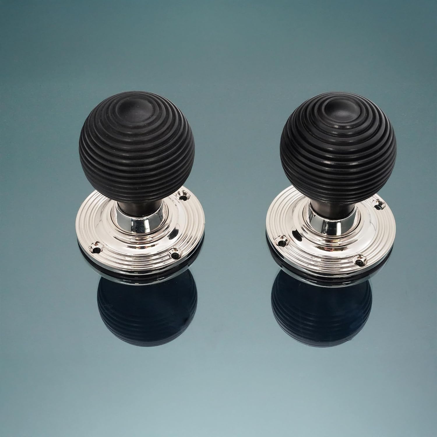 Infinity Decor Victorian Pure Ebony Wooden Beehive Mortice Rim Door Knobs Pull Handles on Polished Nickel Rose 55mm – Ideal for Interior & Exterior Use