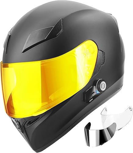 GDM Casco de motocicleta Bluetooth de cara completa con 3 escudos (dorado, plateado, transparente)