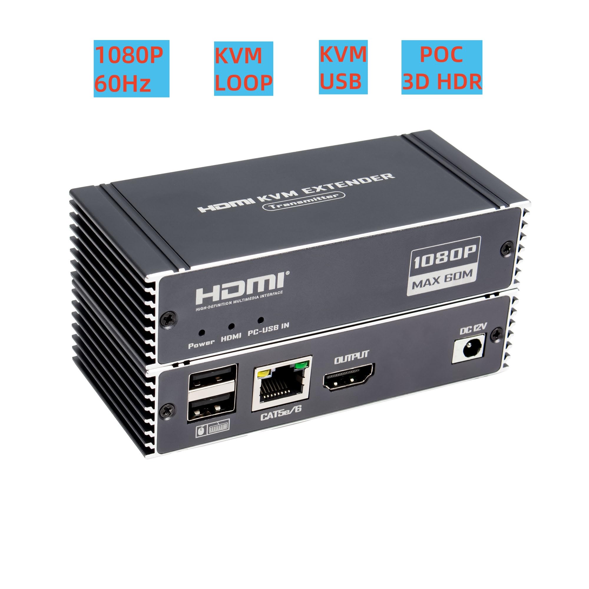 Rallonge HDMI KVM 60 m avec contrôle KVM USB RJ45 60 m sur Cat5e/Cat6 POC avec support en boucle pour clavier et souris USB pour ordinateur PC