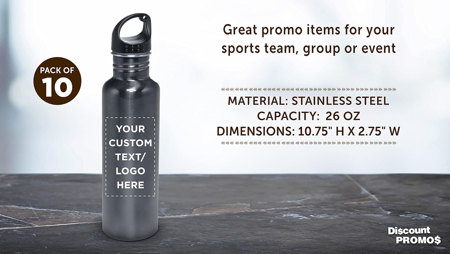 DISCOUNT PROMOS Custom Stainless Steel Water Bottles 26 oz. Set of 10, Personalized Bulk Pack - Reusable, Leak Proof, Perfect for Gym, Hiking, Camping, Outdoor Sports - Grey - Image 4
