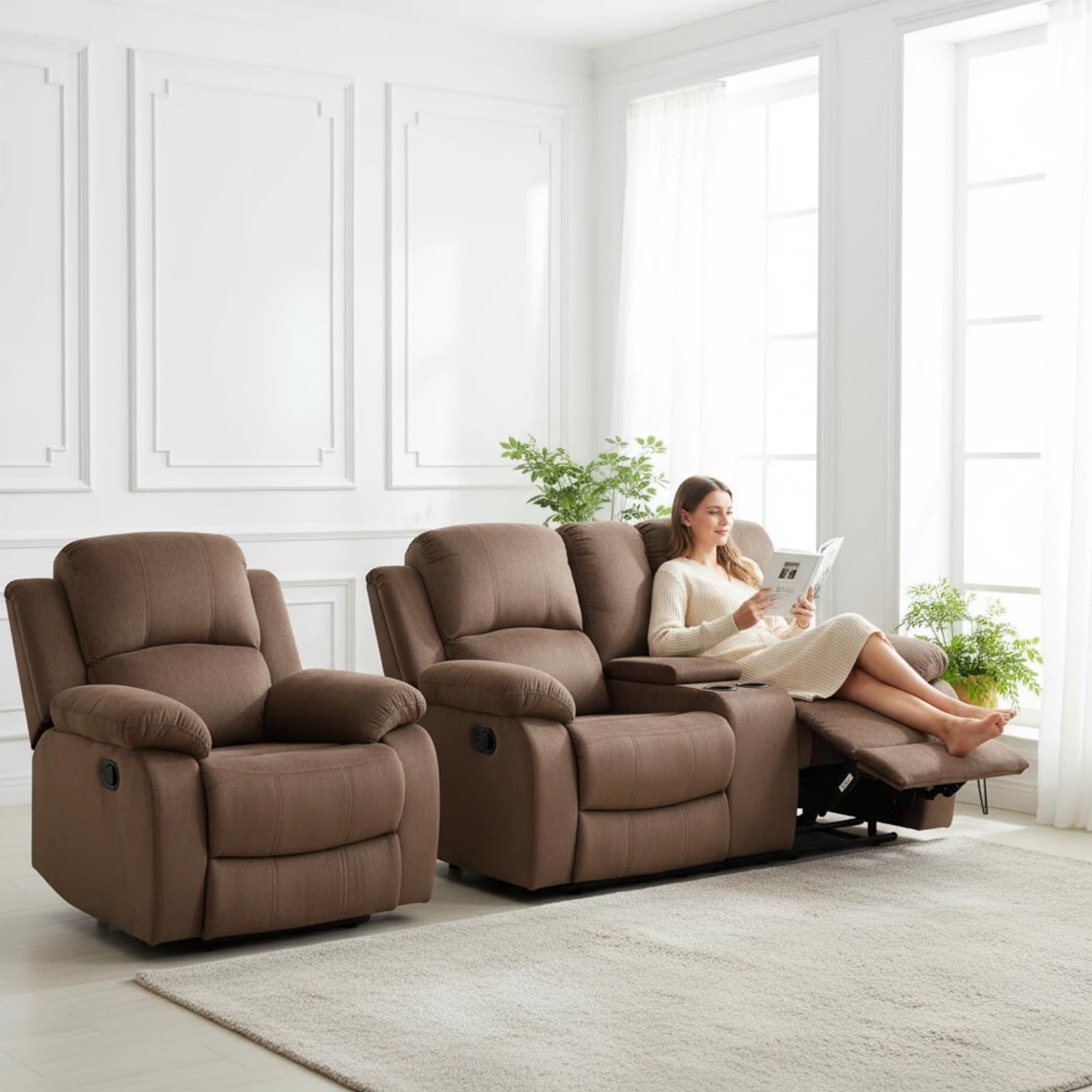 Pineapple Velvet Recliner Sofa Set, Living Room Furniture Set, Adjustable Backrest Reclining Loveseat Sofa with Storage Console &amp; Cup Holders, Manual Recliner Chair for Home Theater, Brown