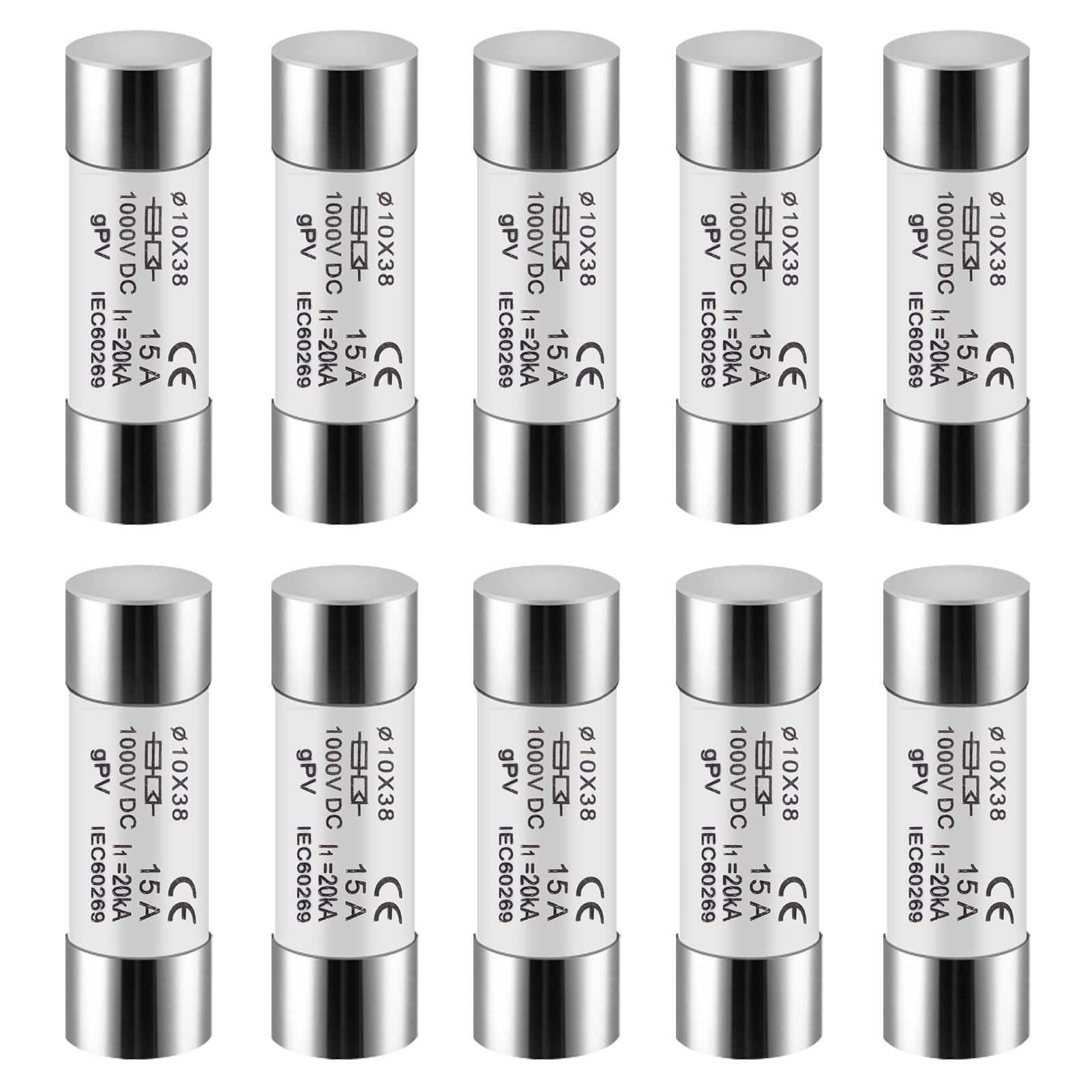 DEWIN Fusibles fotovoltaicos, 10 Piezas Fusibles solares de 15 A Fusible Fotovoltaico 10X38 mm Núcleo de Fusible PV for protección del Sistema Solar Fotovoltaico DC 1000 V