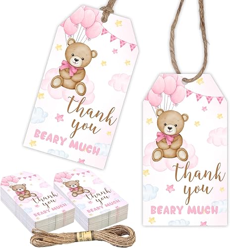 Etiquetas de agradecimiento con texto en inglés "Bear Thank You", 50 unidades de etiquetas de regalo rosas con cuerda para baby shower, regalo de