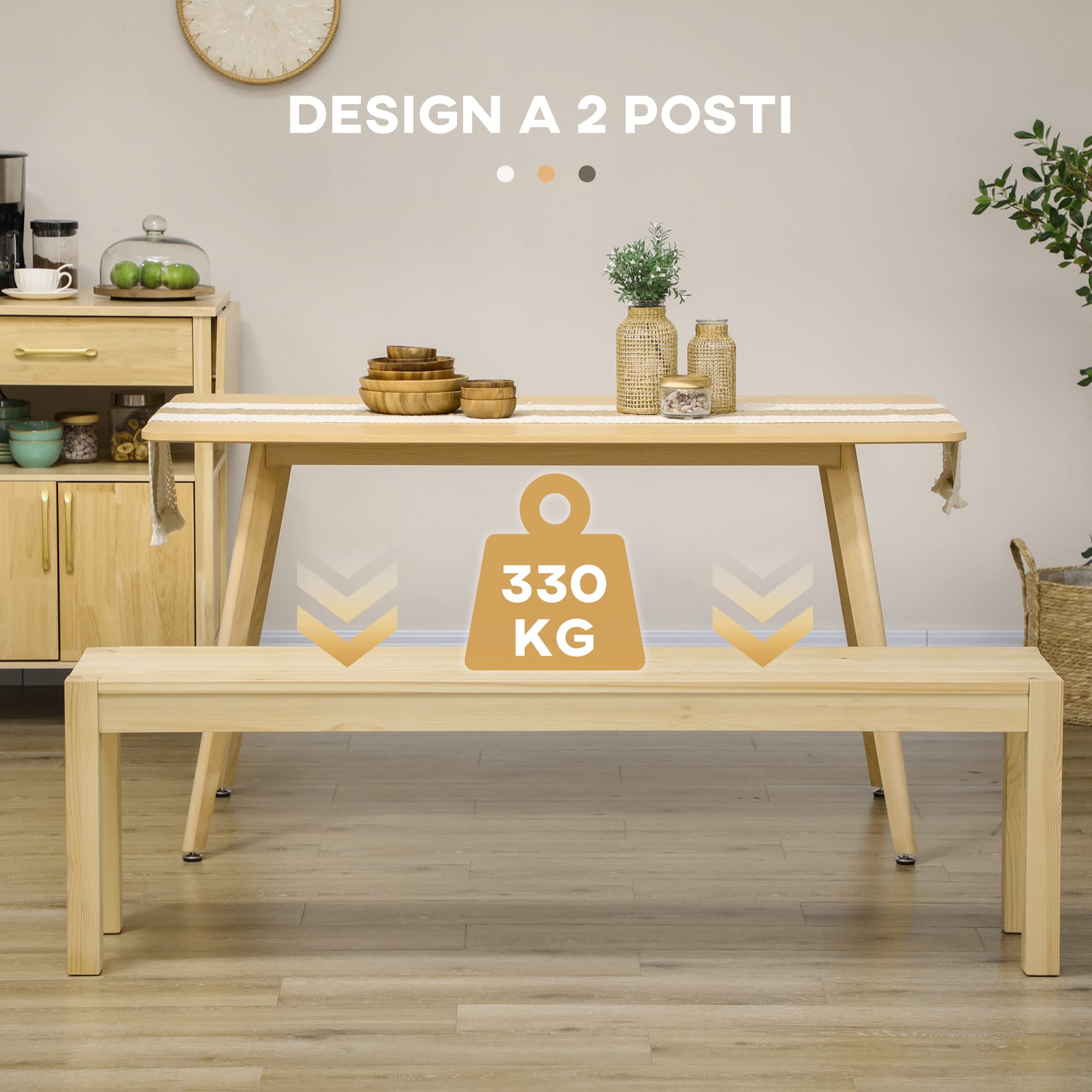 HOMCOM Panca da cucina in legno per 3 Persone, Panchetta per soggiorno ingresso e salotto, 150Lx33x45cm, Color Legno Naturale