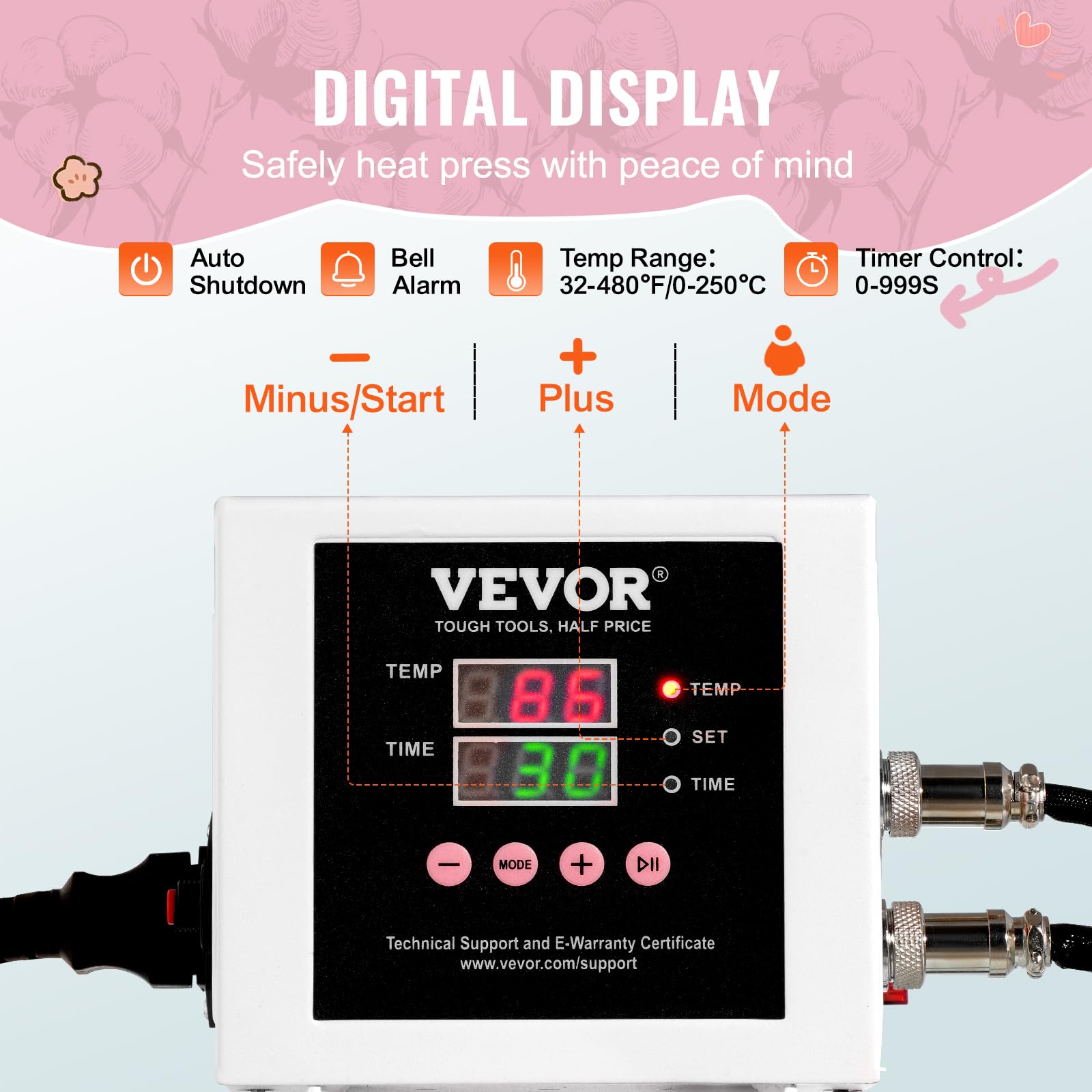 VEVOR Pressa a Caldo 380 x 380 mm Macchina per Pressatura a Caldo Digitale, Riscaldamento Rapido Uniforme, Cotone Isolante a 2 Strati, Macchina per Trasferimento Termico per Magliette/Cuscini, Rosa
