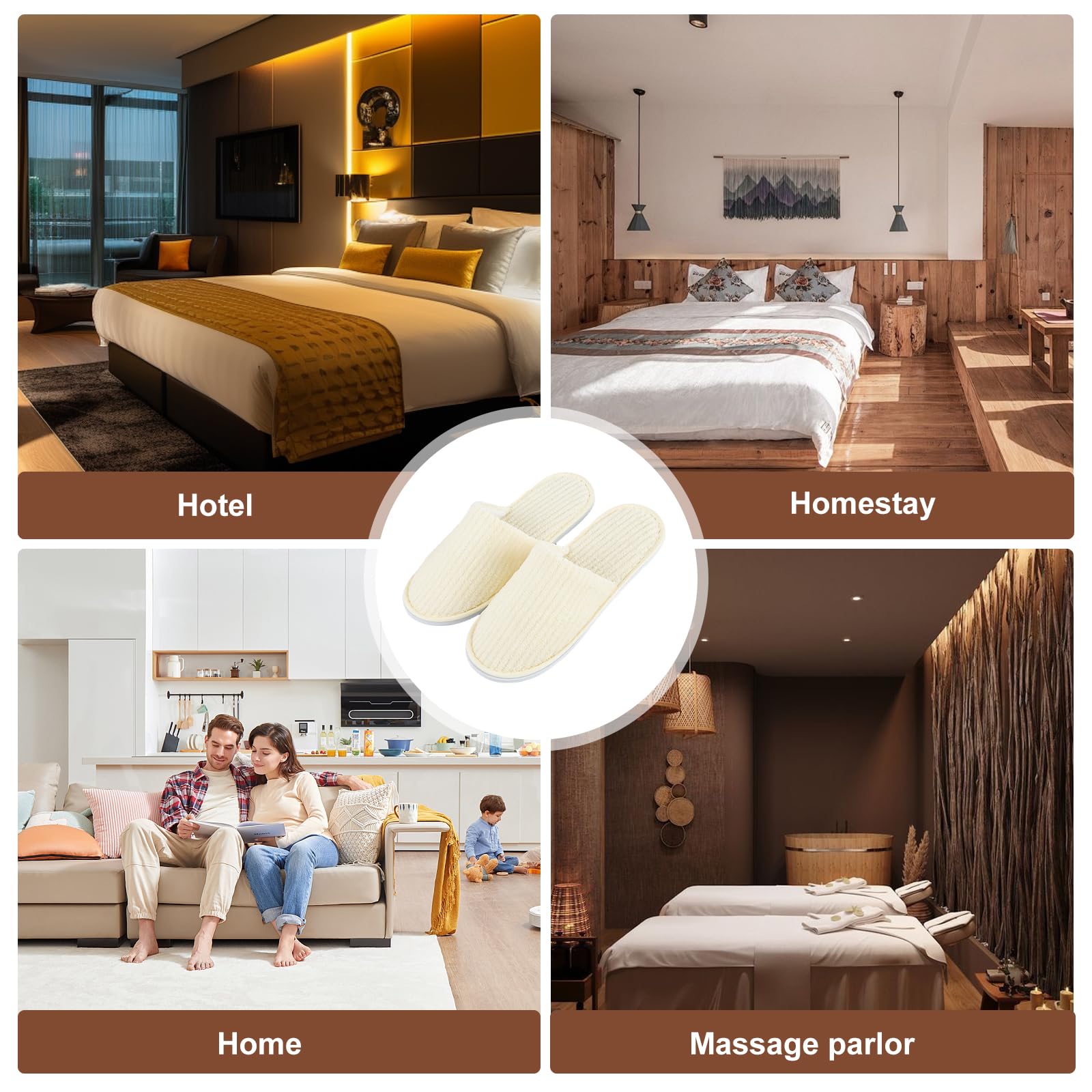 Lot de 10 paires de pantoufles de spa, antidérapantes, jetables, avec orteils fermés, en tissu éponge pour la maison, la chambre à coucher, la salle de bain, l'intérieur - Unisexe - Beige