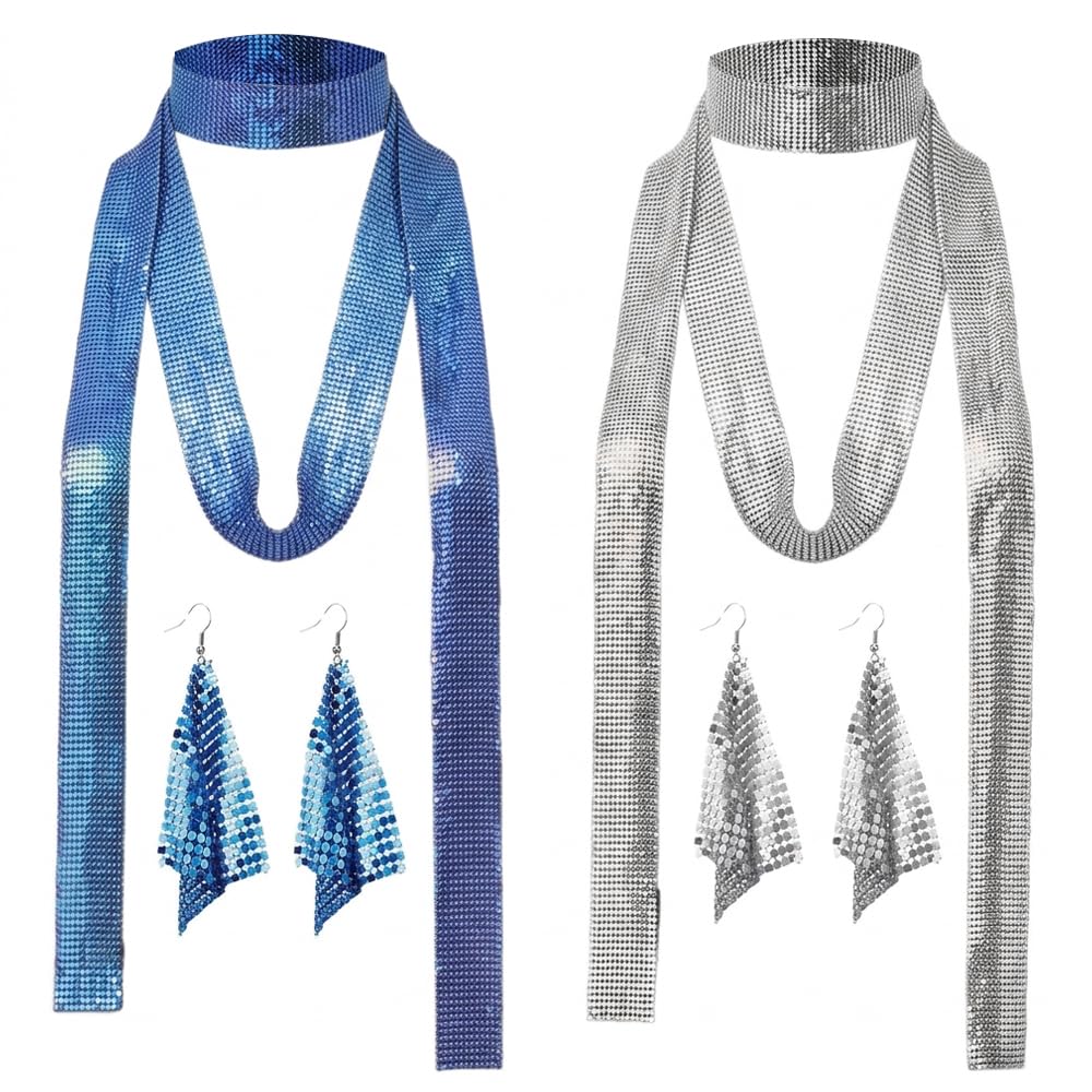 lunictto 4Pcs Disco Costume Accessories Set for Women, Metallic Sequin Scarf, Chainmail Choker Necklace & Retro Dangle Earrings for 70s 80s Rave Festival Party Outfit Blue Silver (01)