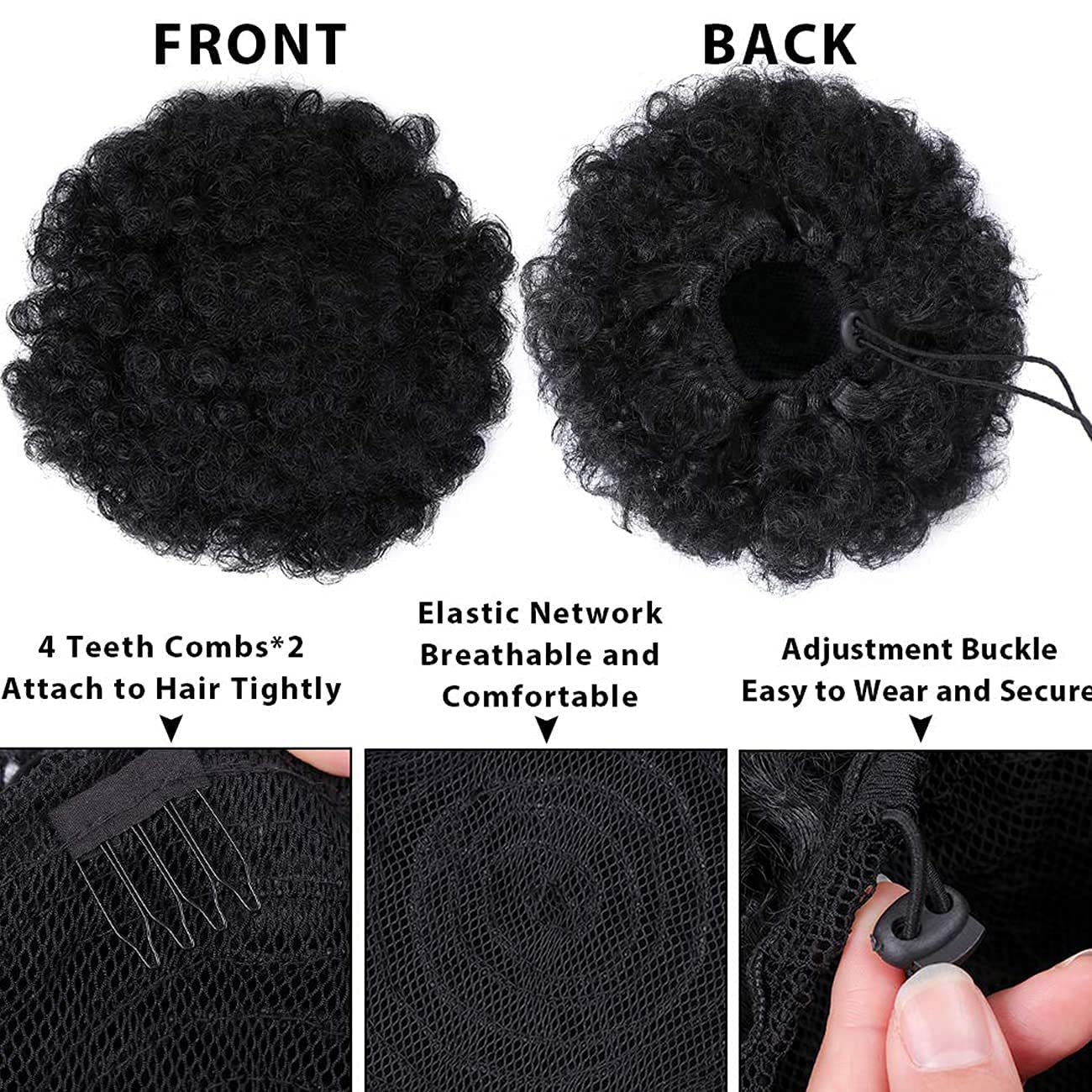 Cola de caballo afro con cordón y flequillo, extensión de cola de caballo para mujeres negras, postizo corto y rizado con clip (1B) (sin flequillo, 1B) 5