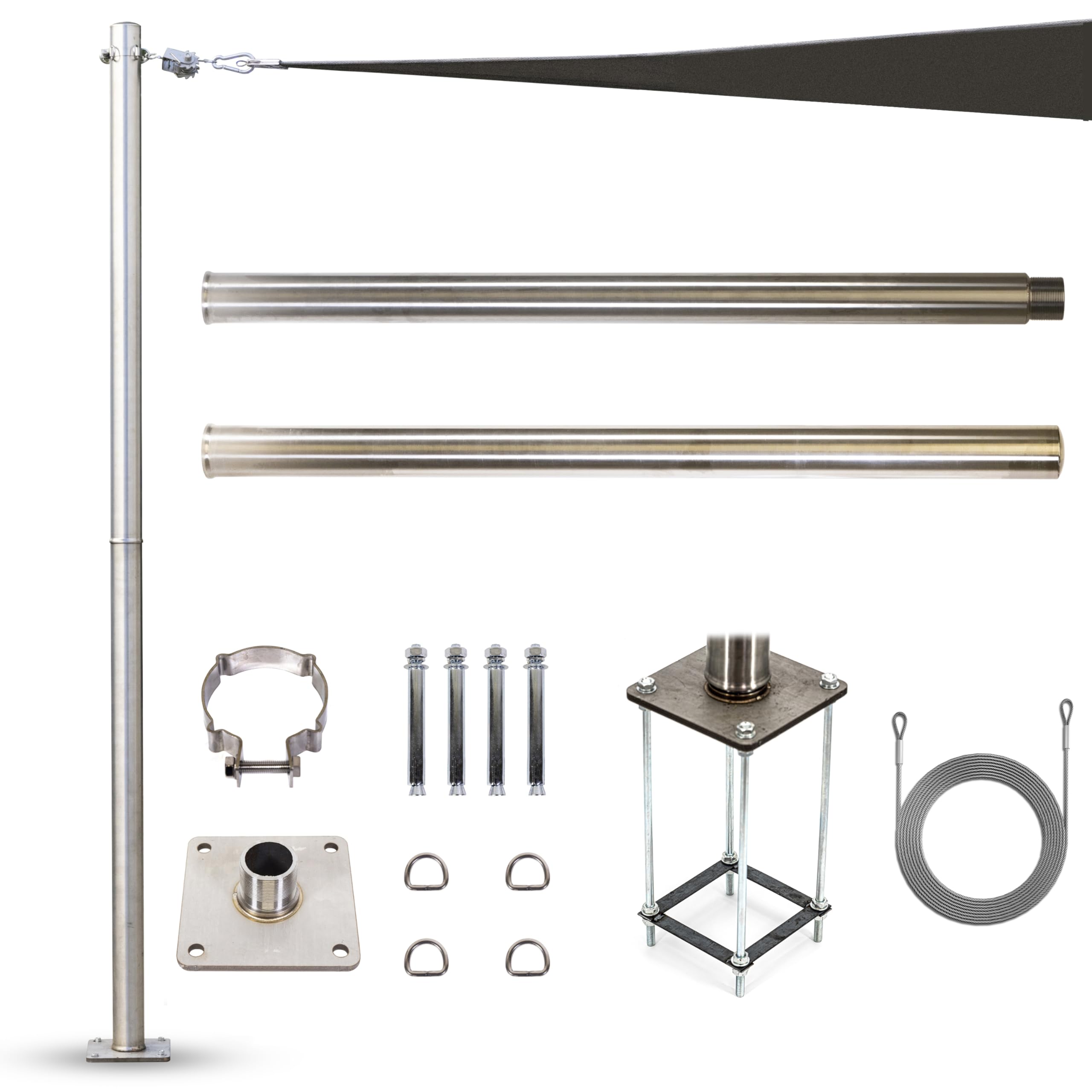 ColourTree 8ft Stainless Steel Pole with Base Plate & Height-Adjustable Mounting Clamp - Easy Installation Sun Shade Sail Pole & Light String Pole, Sign Post, Fence Post - Ideal for Outdoor, Garden