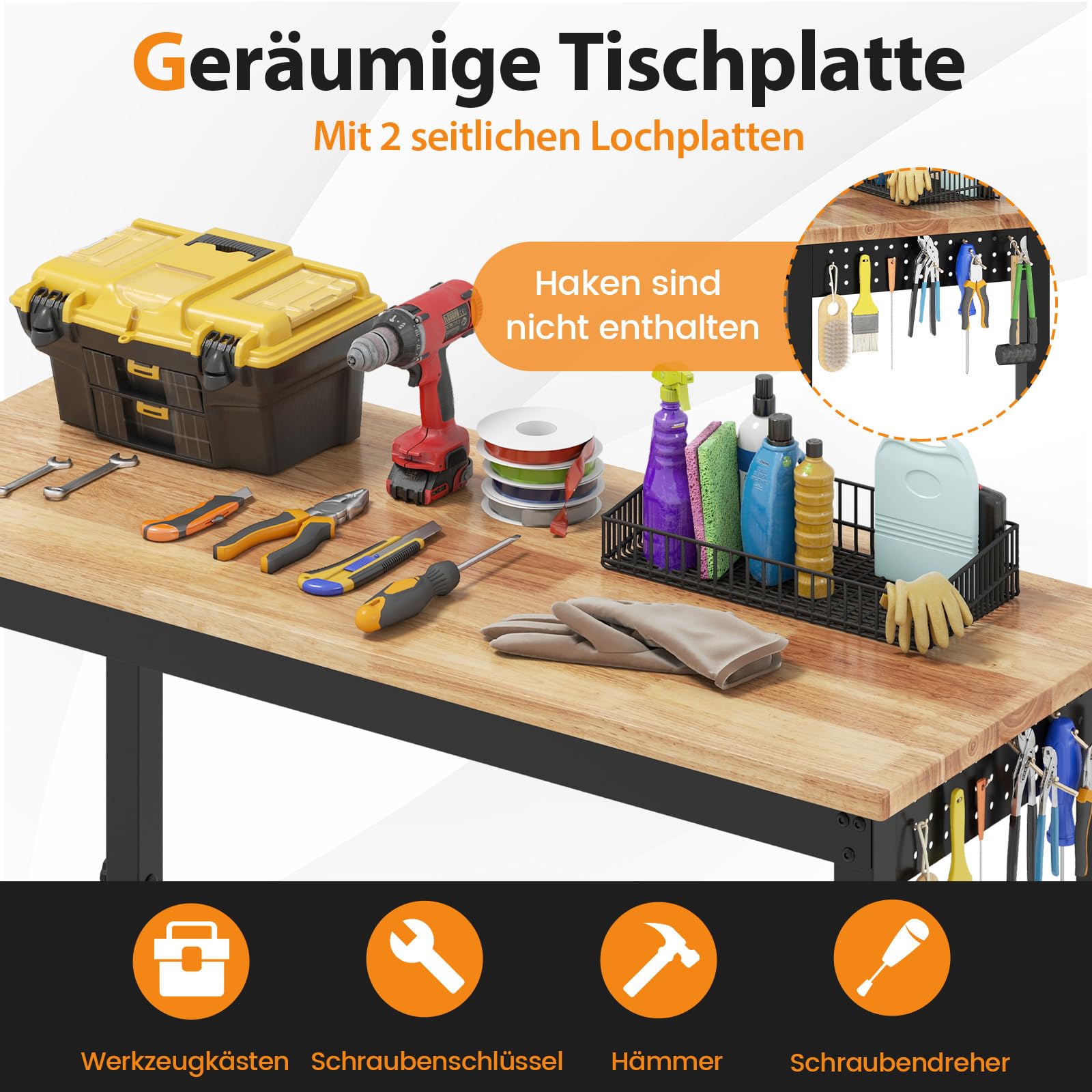 COSTWAY Verstellbare Werkbank mit Rollen, Werkstatt Arbeitstisch aus Gummi Holz mit 2 Lochplatten & Metallrahmen, 1100 kg Tragkaft, Werkbanktisch Werkzeugtisch mit 122cm Arbeitsfläche für Garage Büro