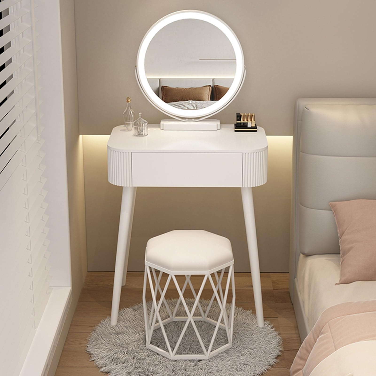 asdchZen Led Lighted White Vanity Desk With Drawer And Cosmetic Storage Nizer For Bedroom Dressing Room Compact And Stylish Makeup Table,Table+stool-60cm/23.6in