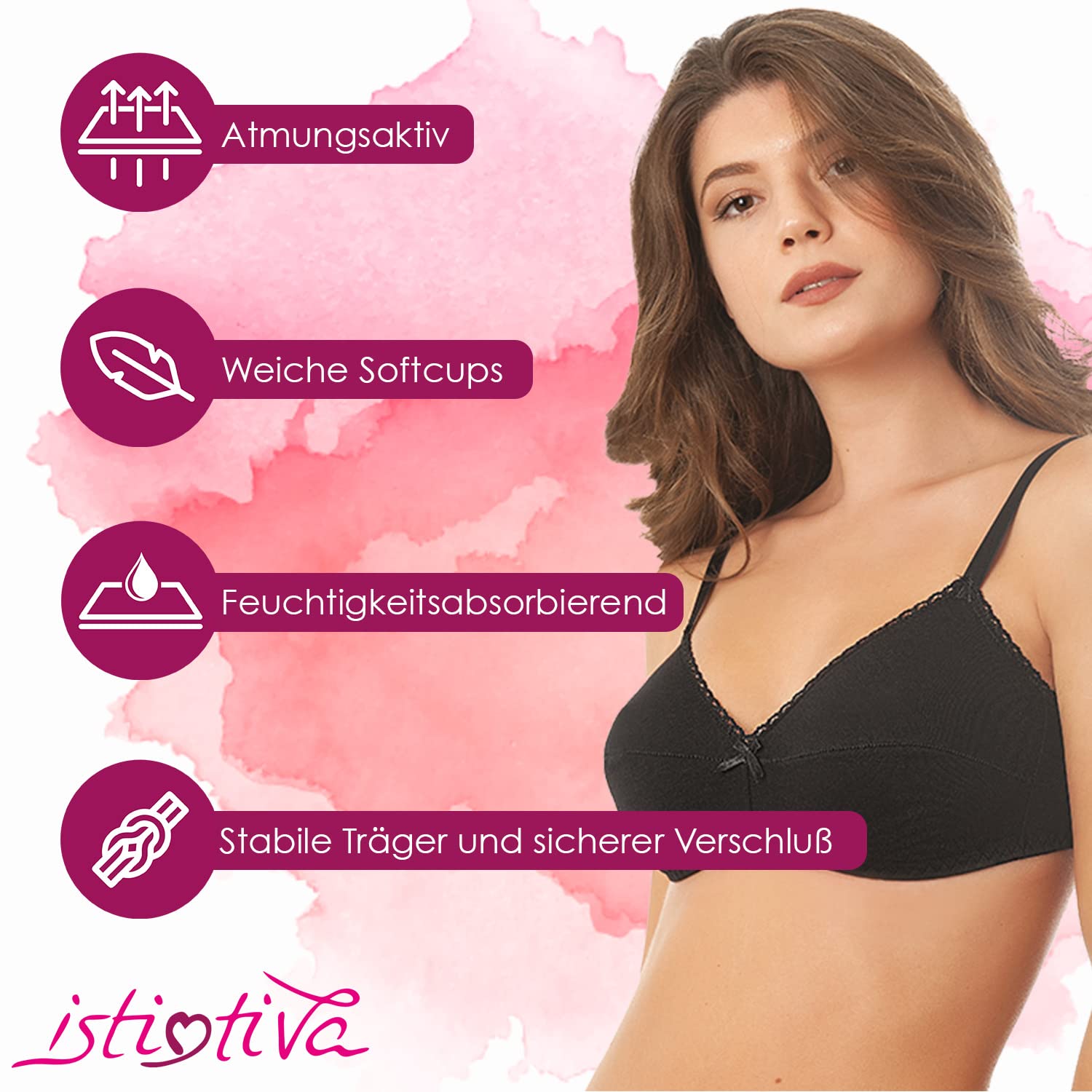 Laura - Biustonosz bez fiszbin 100% bawełny - Nieusztywniany - Biustonosz trójkątny do delikatnych piersi o wysokim komforcie - Biustonosz damski z miękkimi miseczkami
