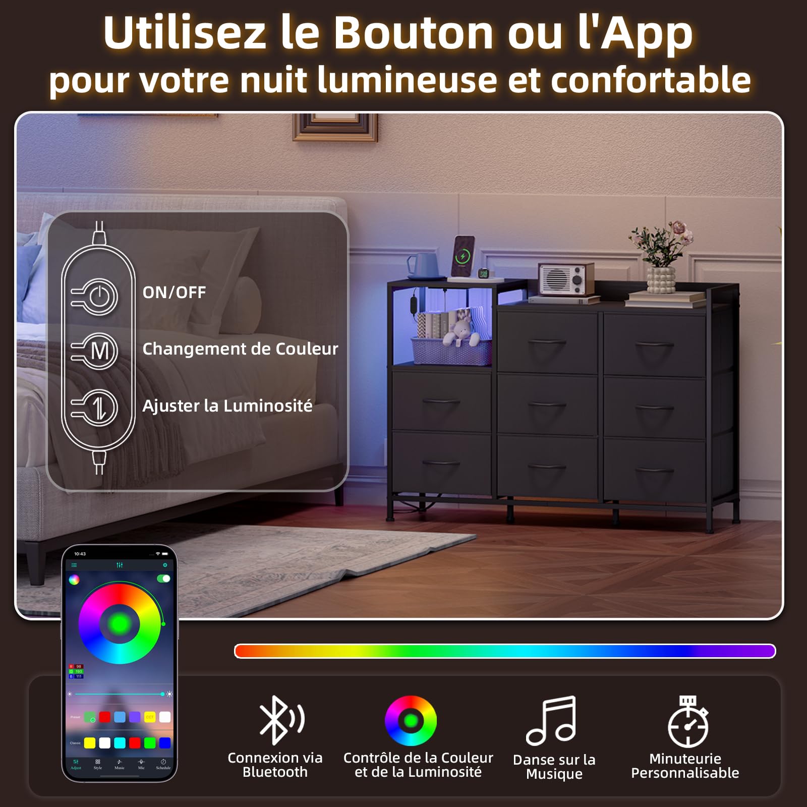 Somdot Commode Chambre Connectée, Commode LED par APP ou Button avec Station de Charge, Meuble de Rangement en Tissu, Dortoir, Salon, Entrée, 8 Tiroirs, Noir