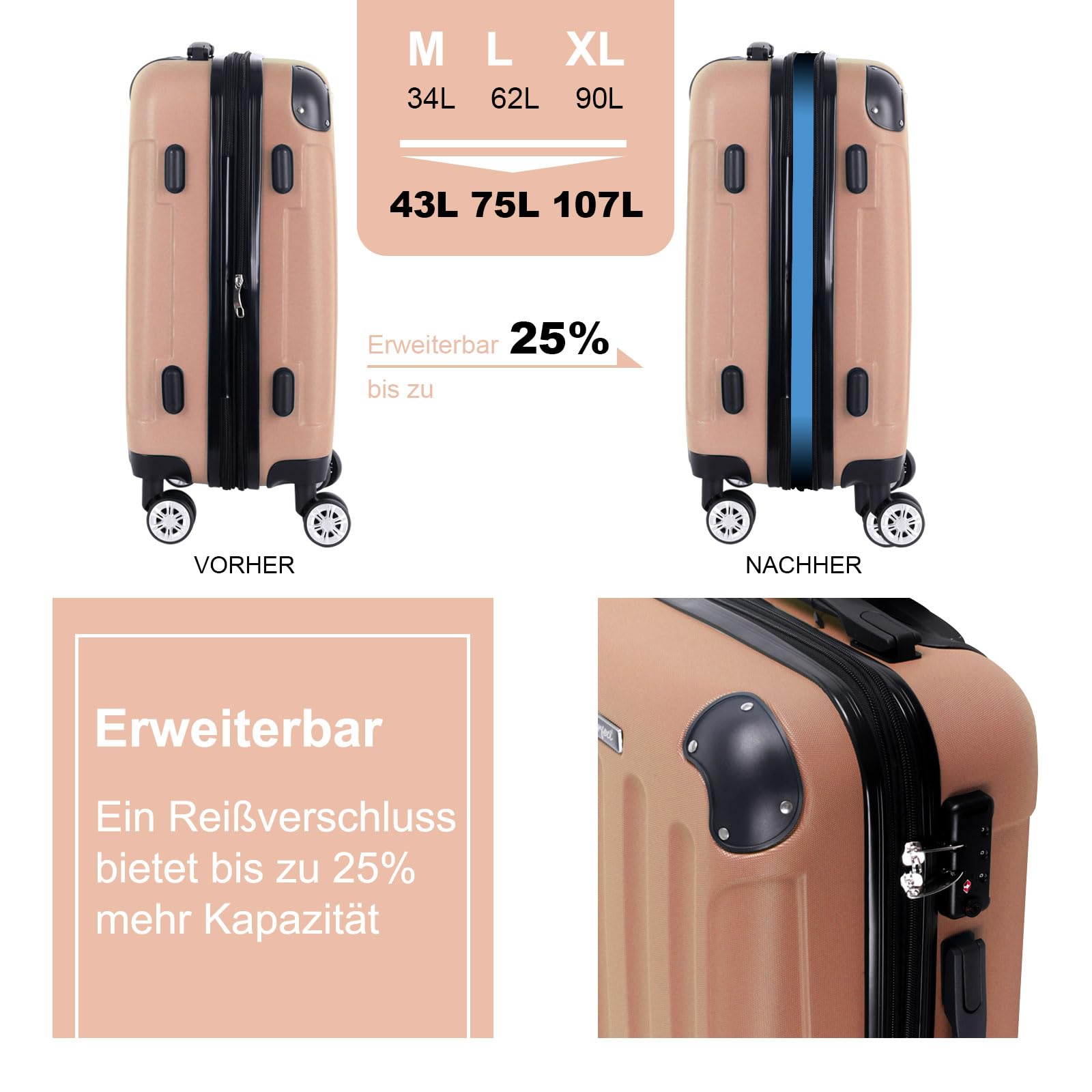 3er Kofferset - Robuste ABS- Hartschalenkoffer, TSA-Zahlenschloss, erweiterbare Kapazität - in M, L, XL - Eckenschutz, 360° drehbare, leise Doppelräder & Teleskopgriff, Handgepäcktauglich & stapelbar