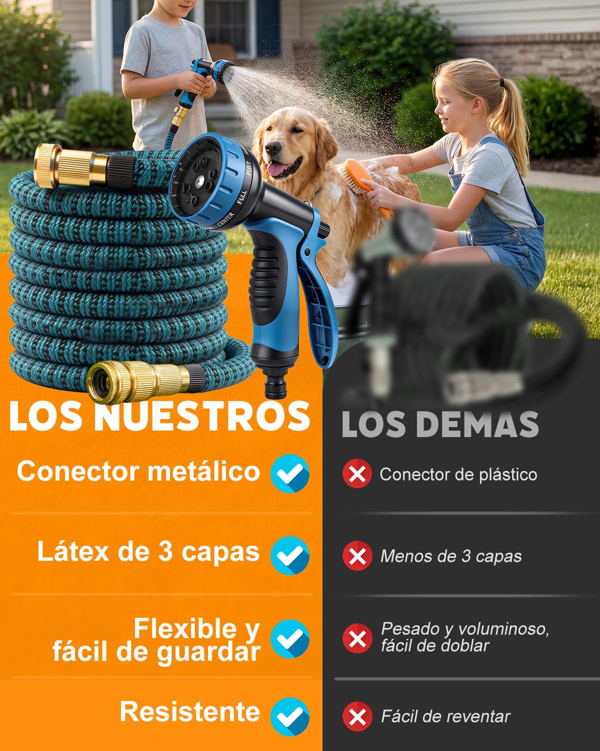 Manguera Jardin Extensible, Manguera Extensible 30 Metros con 10 Boquillas de Patrón de Pulverización Conector de Latón Tela 3750D Manguera, Adaptadores de 1/2" y 3/4" para Jardinería
