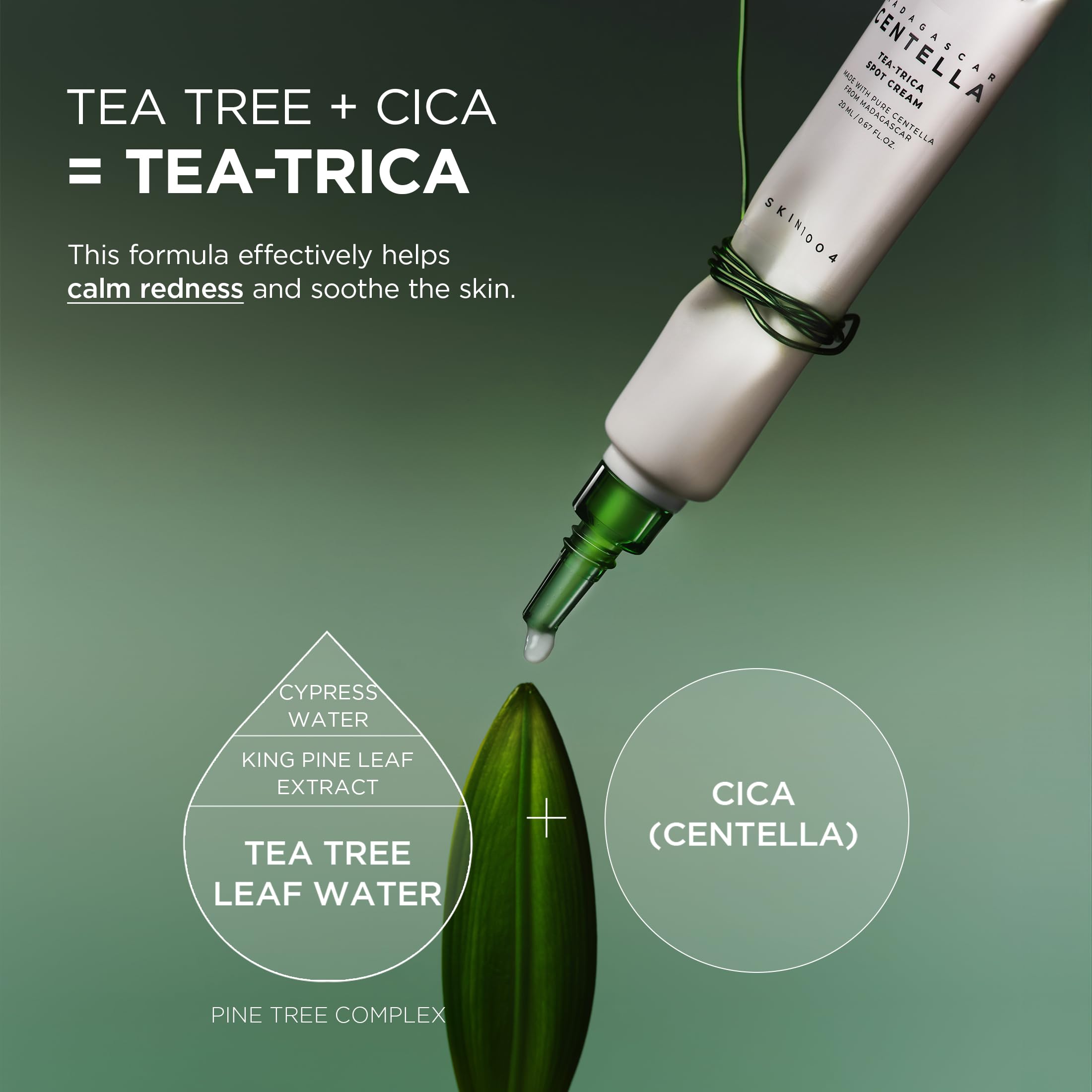 SKIN1004 Madagascar Centella Tea-Trica Spot Cream – zabieg punktowy z 15% wodą z drzewa herbacianego i 1% TECA – kojący krem do skóry skłonnej do trądziku, tłustej i wrażliwej skóry, 20 ml
