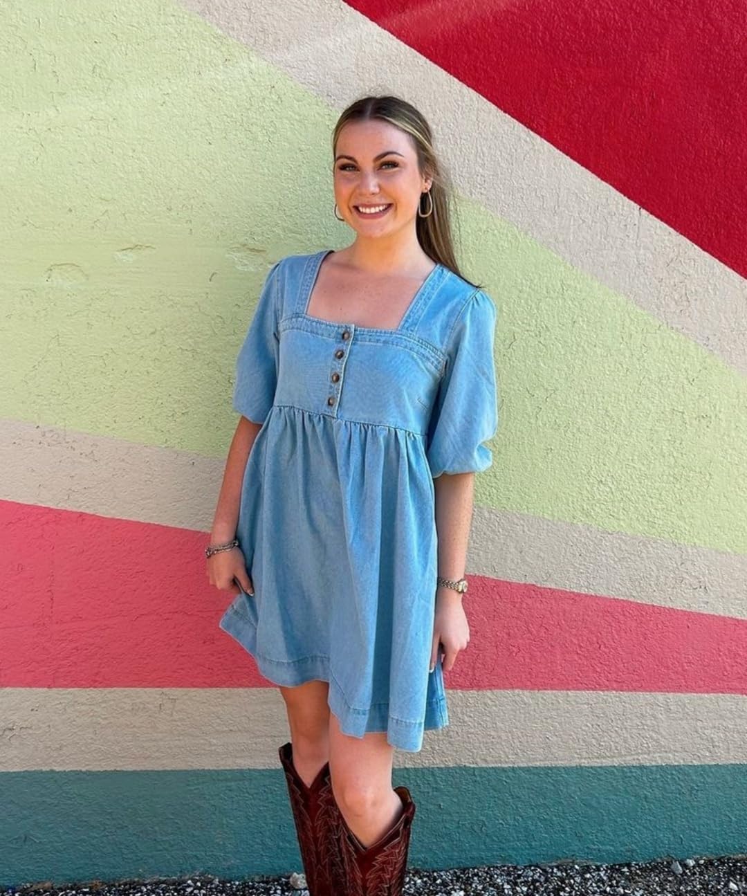 Skirt BL Denim Dress for Women Square Neck Jean Dress 3/4 Sleeve Babydoll Tiered Summer Dresses with Pockets 2025 - Image 5