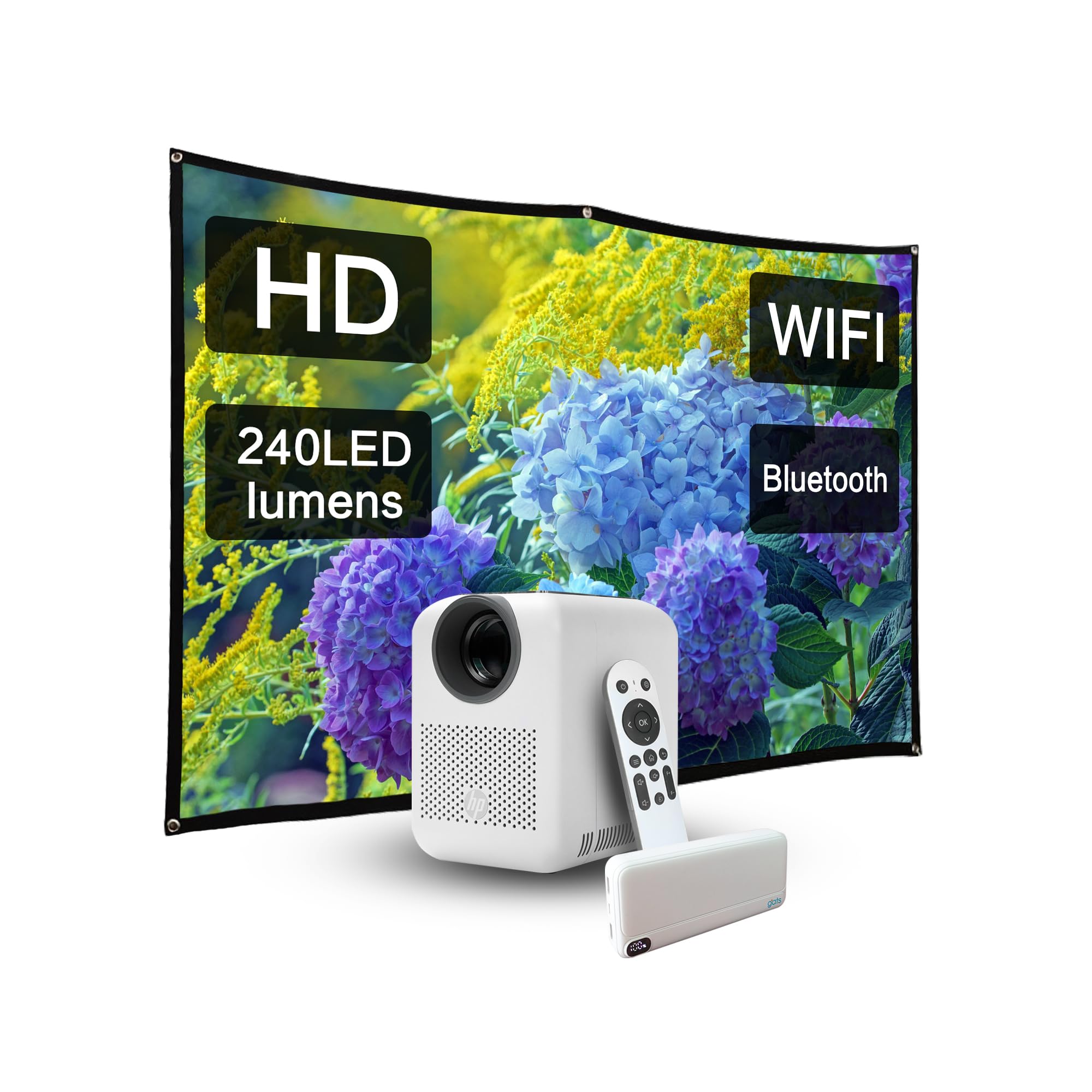 HP Projector CC180W Promo 3 in1, Portable HD Projector - outdoor projector and screen combo, USB-C Power Bank, short throw projector with wifi and bluetooth, Remote Control
