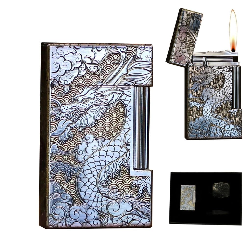 Flip-Top Piano-Sound Butane Lighter Exquisite Hand-Carved Five-Sided Auspicious Cloud Dragon-Shaped Mens Cool Lighter Collection-Level Business