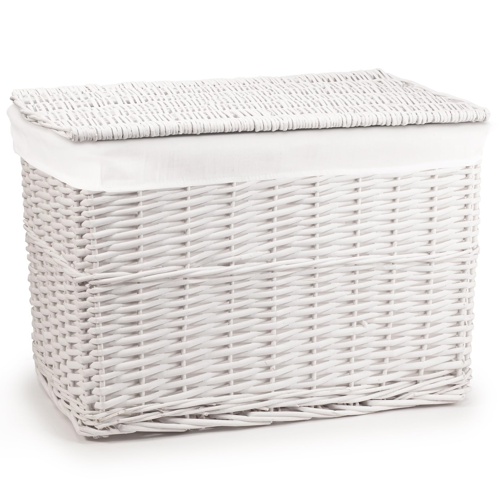 woodluv Full Steamed Willow Wicker Storage Basket Trunk Chest Hamper with Lidded Cloth Lining, Home Storage Solution for Laundry, Toys, Blankets, and More, Large, White