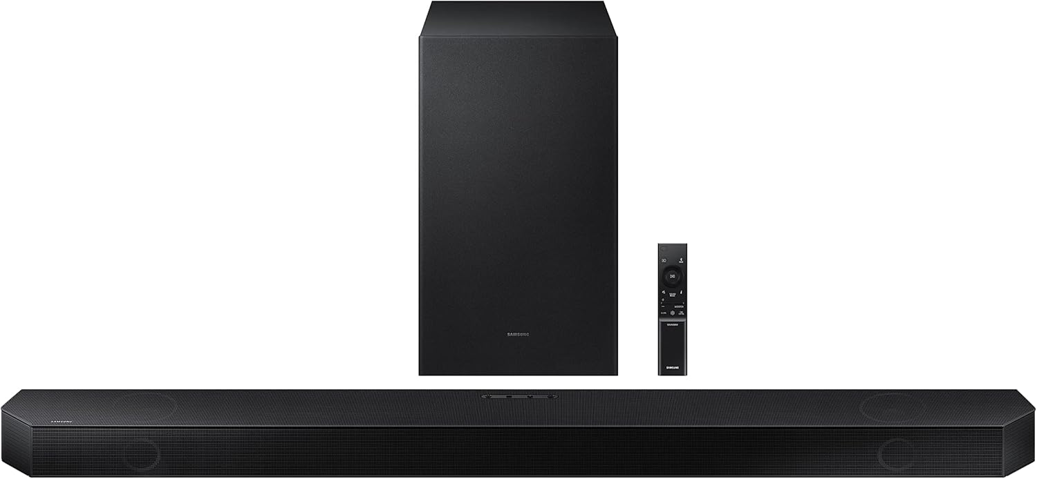 Samsung Q-Symphony soundbar (HW-Q700B) with 3 Channels, 1 subwoofer Channel, and 2 up-Firing Channels, Dolby True HD with Google & Alexa Smart Speaker (Black)