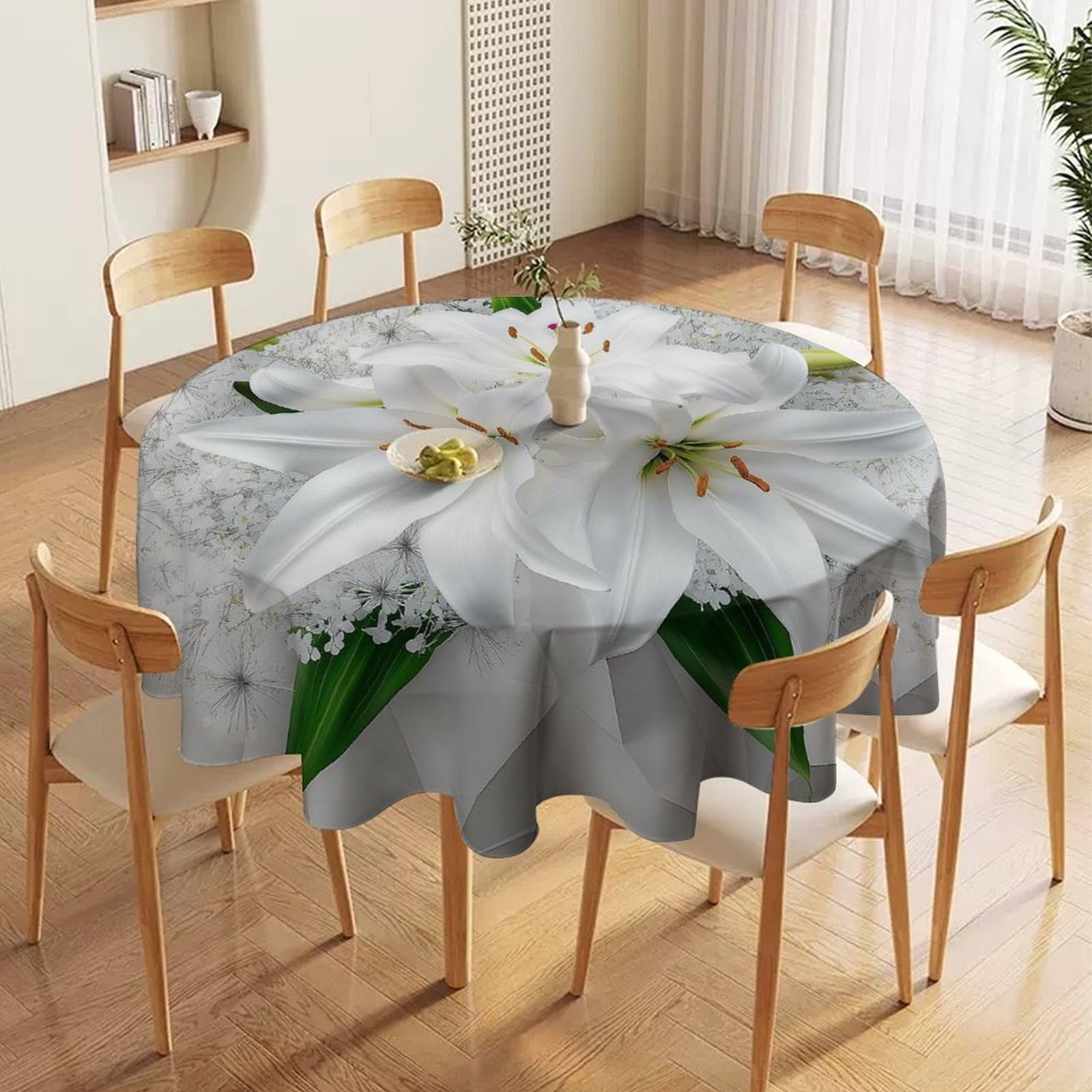ORDOBO 3D Print Round Tablecloth - White Flowers Round Countertop Decoration Cover Waterproof Wipeable Dust-Proof For Kitchen Dining Home 91X91Cm