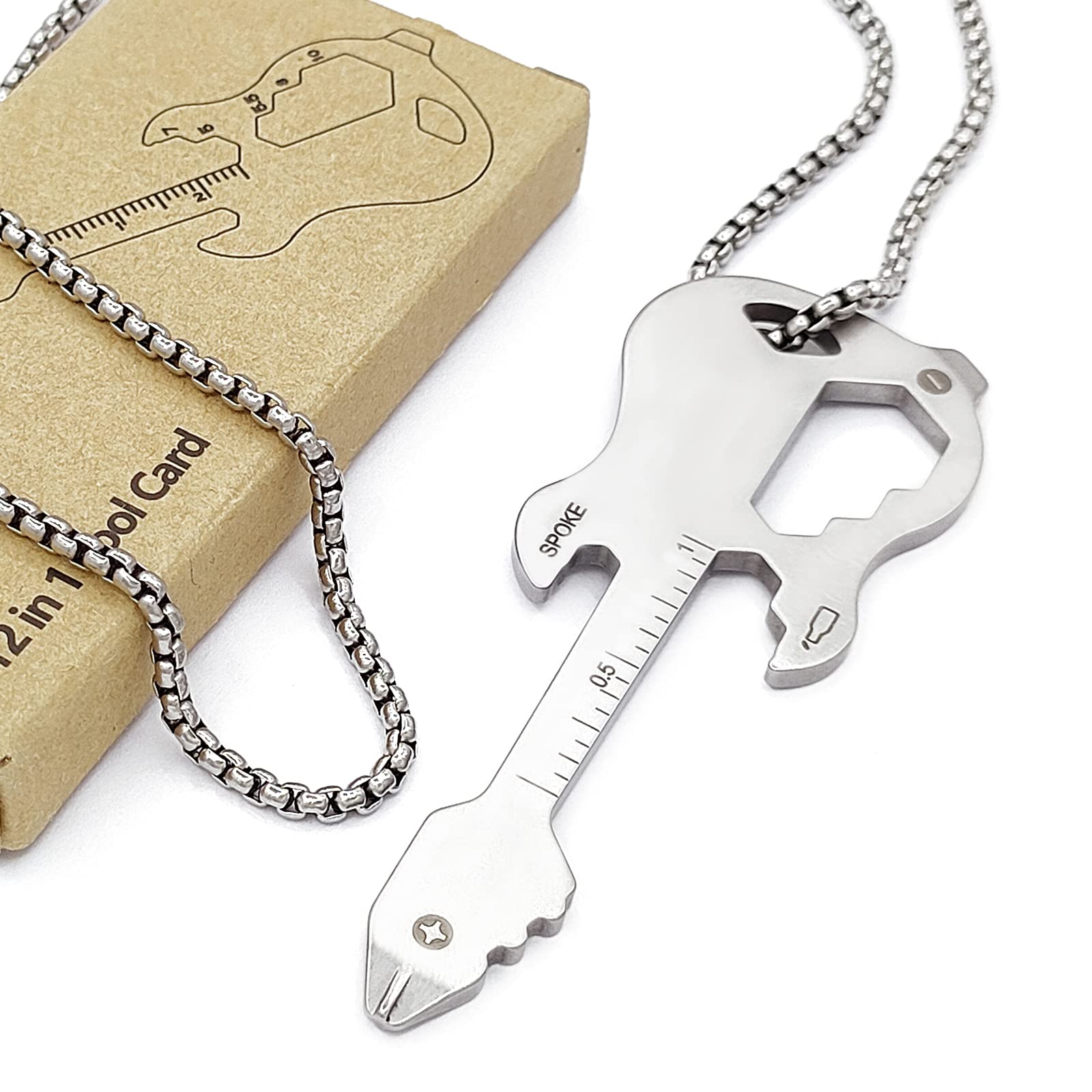 FDSAD Guitar Multi Tool Stainless Steel Pocket Tool | Bottle Opener, Screwdriver, Ruler, Wrench x3, Bit Driver, Bike Spoke | TSA Friendly | Necklace Decor, Gifts for Hip Hop Lover and Friends (Silver)