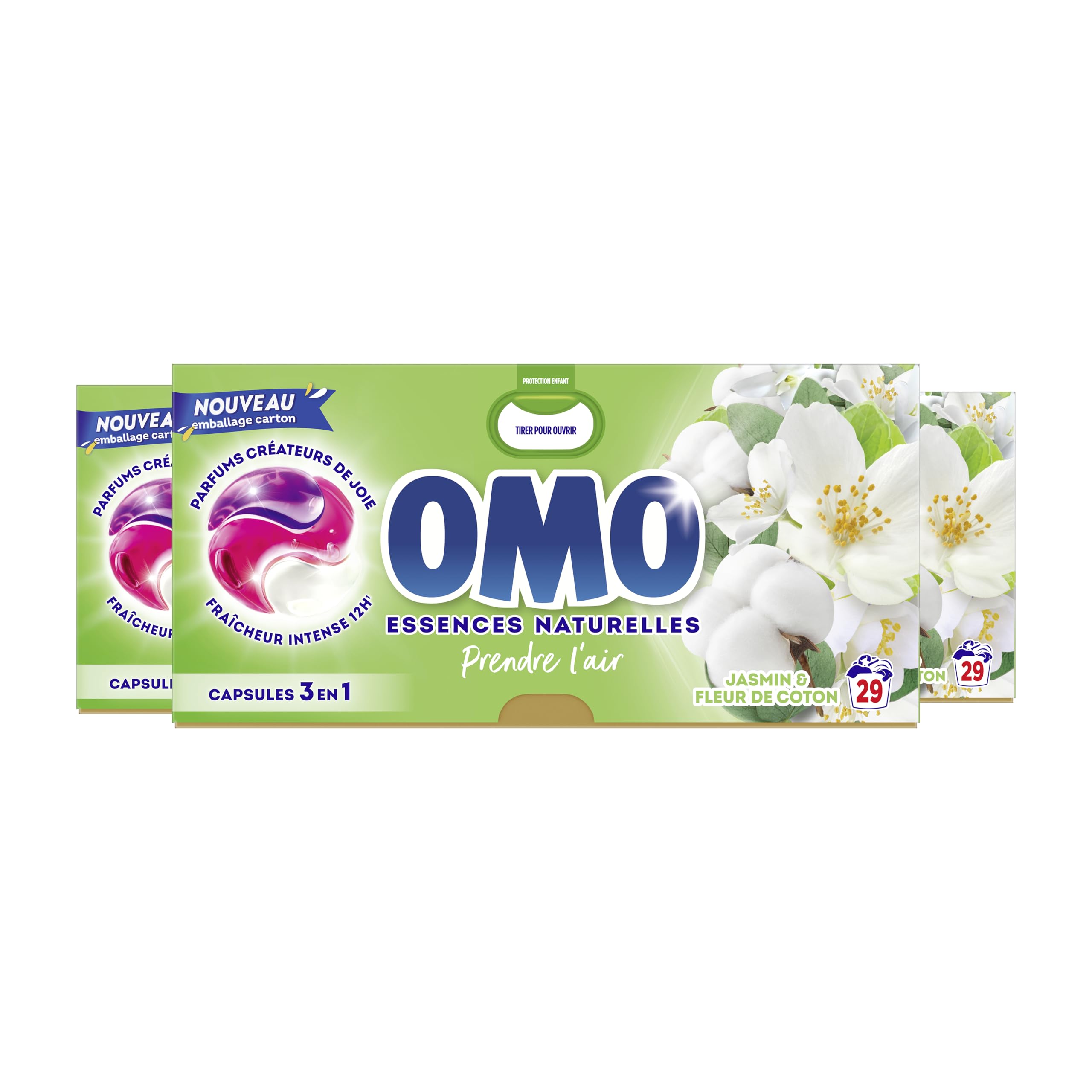 OMO - Lessive liquide en capsules 3 en 1 Prendre l'air - 87 lavages - Jasmin et Fleurs de Coton - propreté éclatante & parfum longue durée aux essences naturelles (lot de 3x29)