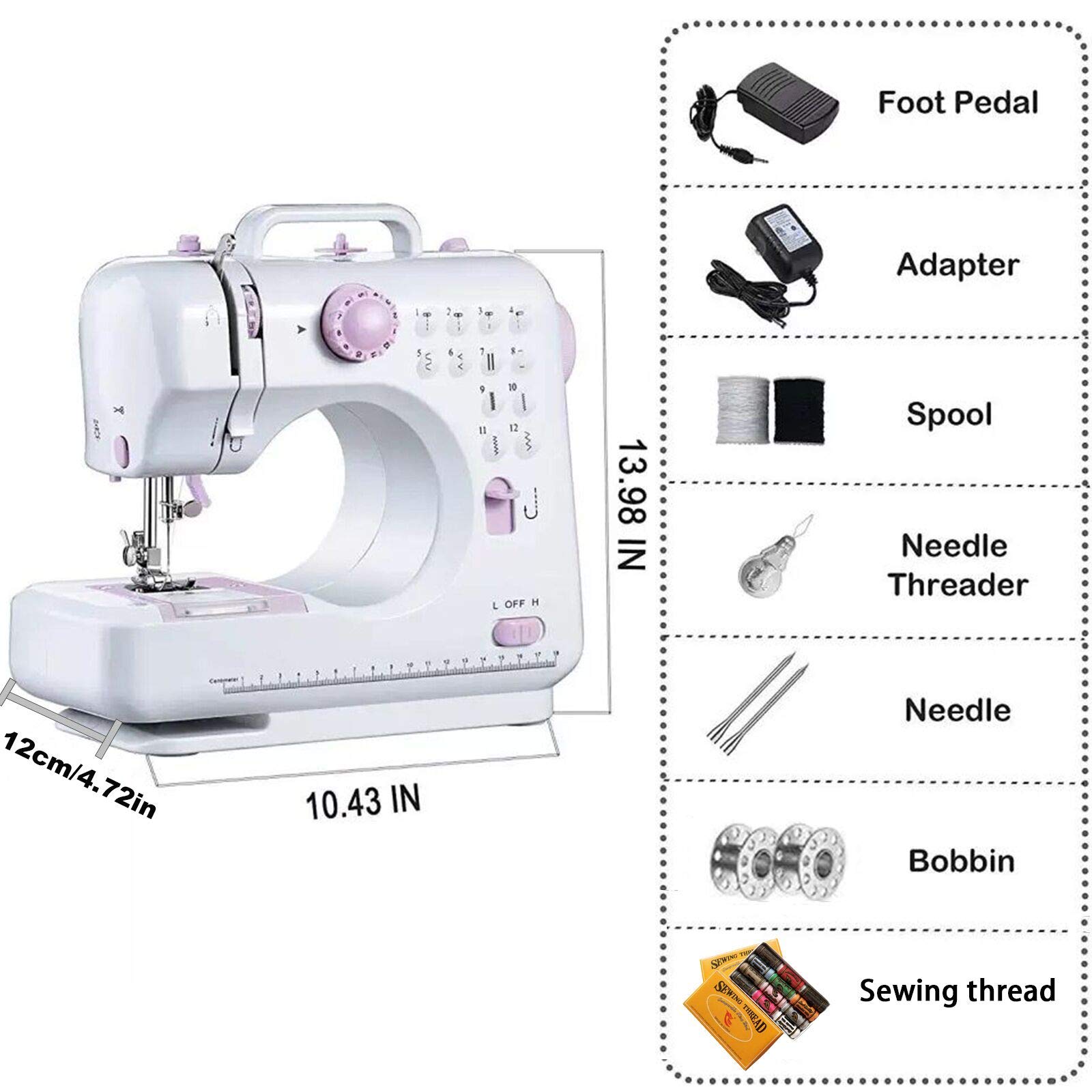 Machine à coudre portable, 12 points 2 vitesses Mini machine à coudre Machine à broder surjeteuse électrique avec veilleuse LED et pédale, outil de couture domestique pour débutants