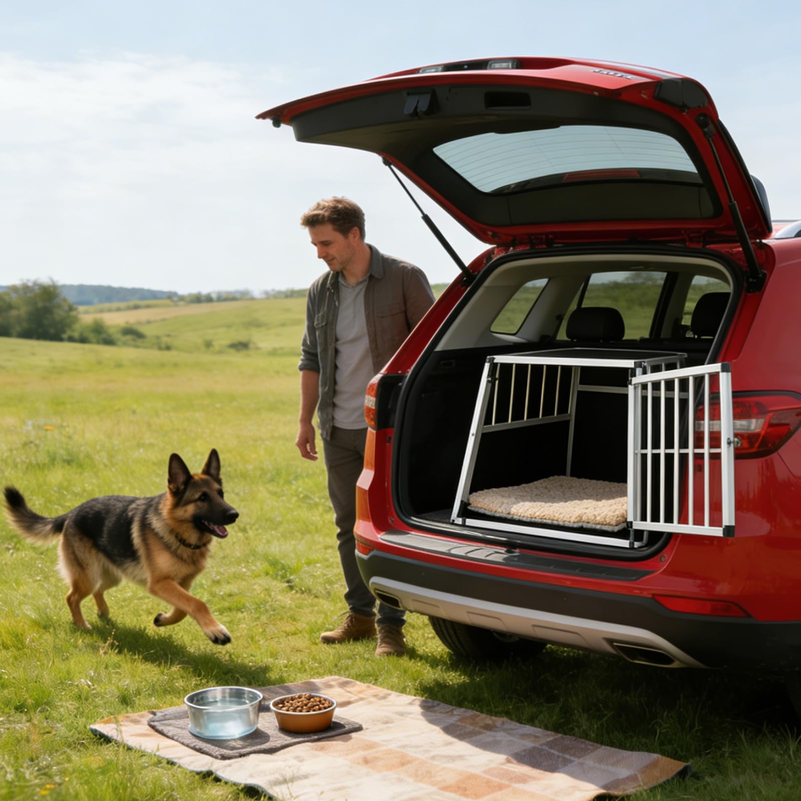 GYMAX Transportín de Aluminio para Perros Gatos, Transporte para Coche Mascotas con Cerradura, Estructura de Metal, Caja de Transporte Robusto y Fácil (91 x 65 x 69,5 cm)