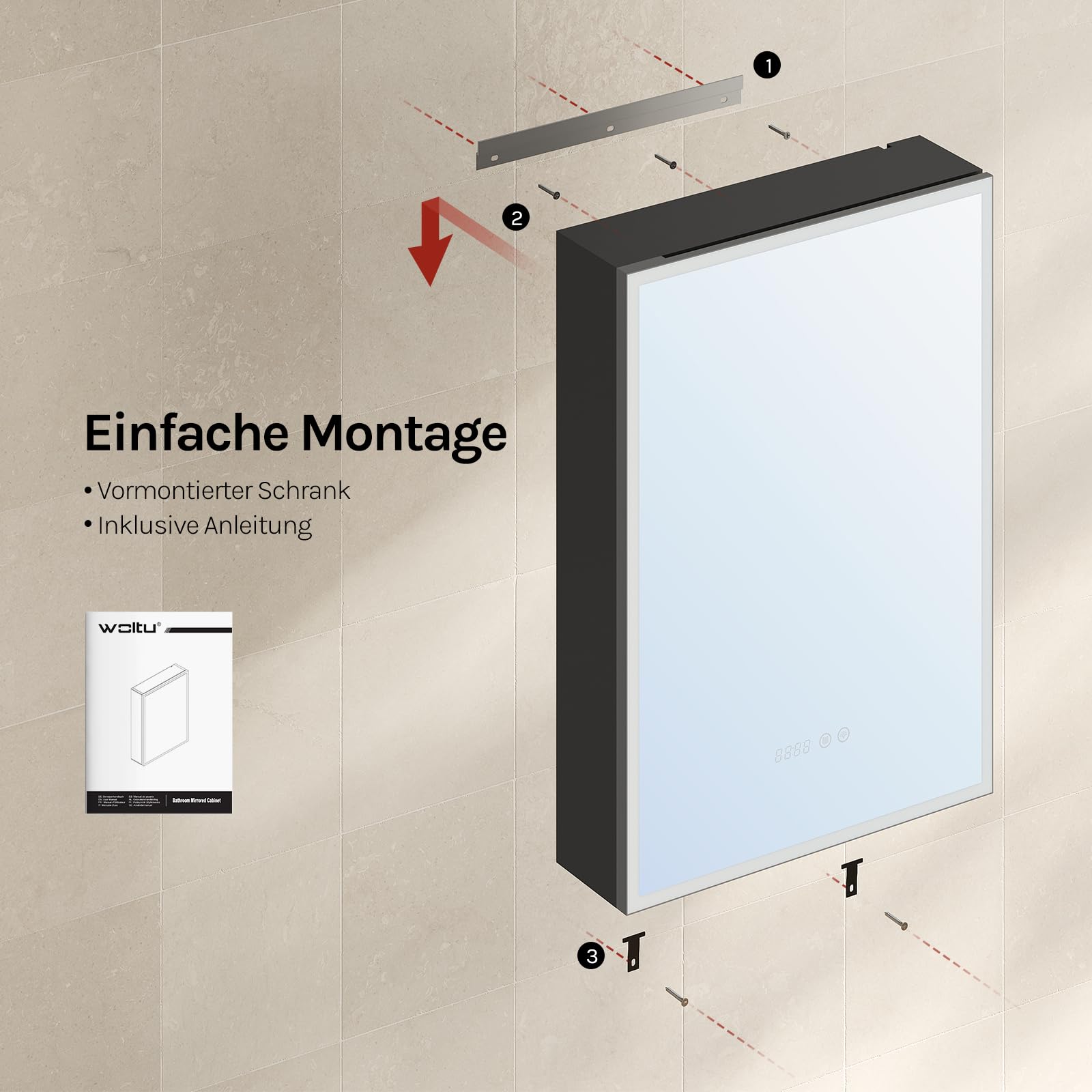 WOLTU Spiegelschrank Bad mit Beleuchtung, Badezimmerschrank hängend mit LED-Beleuchtung, Antibeschlag-Funktion, mit Steckdose und verstellbaren Ablagen, 14,5 x 50 x 70 cm, Schwarz