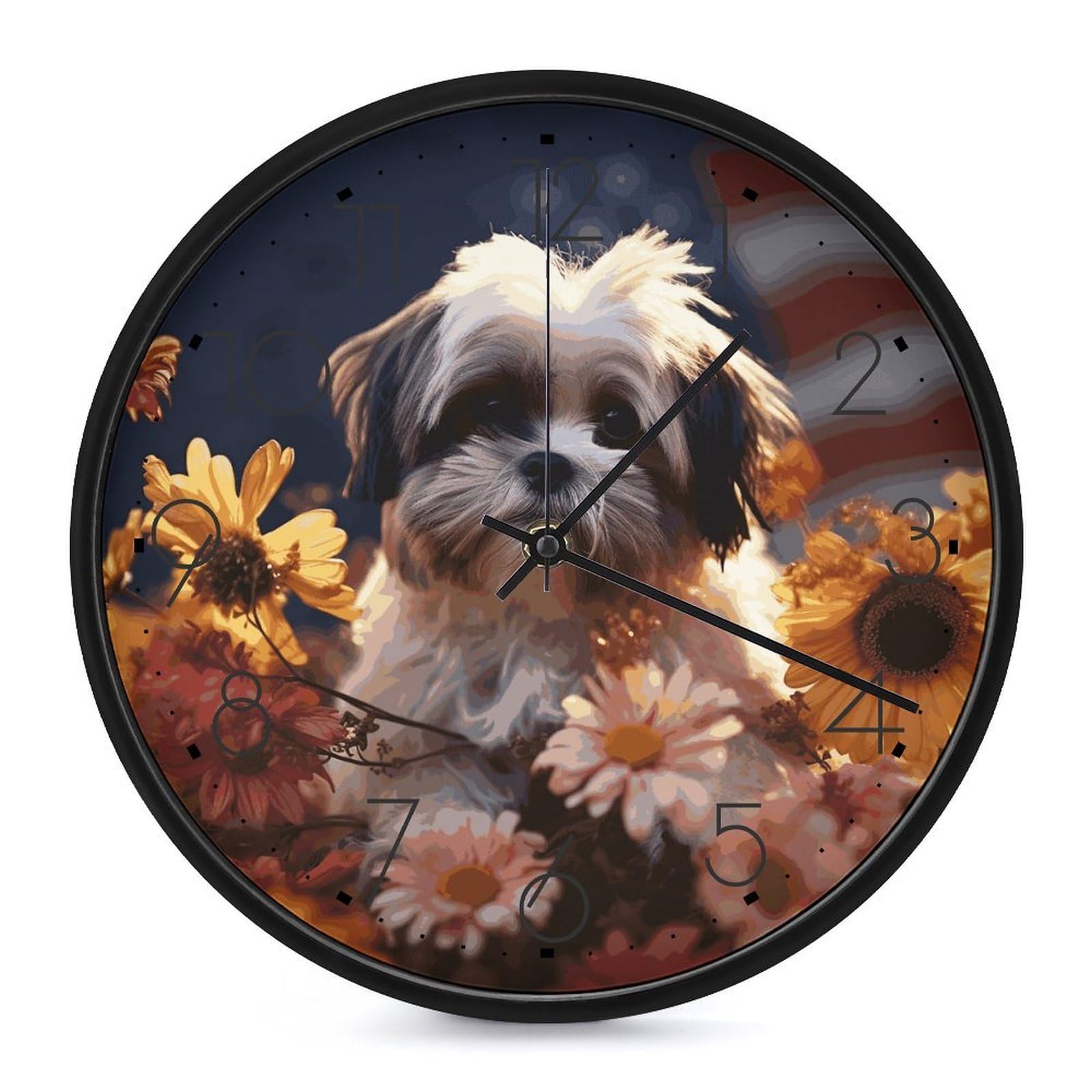Adfgyerh Black-Style Shih Tzu Dog And Flowers Clock，9.8 Inch Battery Operated Wall Clock Classic Simple, Decorative Wall Clock.analog Clock For Kitchen Office Bathroom Bedroom.