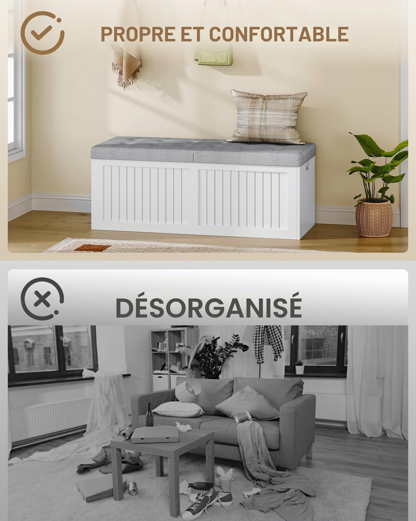 Hzuaneri Coffre de Rangement, 109cm, Coussin en Lin, Blanc-Gris
