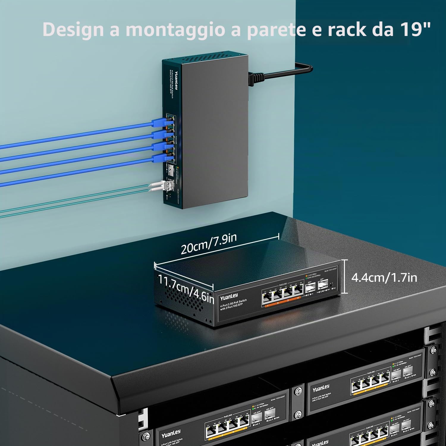YuanLey 6 Port 2.5G PoE Switch Non Gestito, 4 Porte PoE 2.5G Base-T, 2 x 10G SFP, 802.3af/at, 78W, Compatibile con 100/1000/2500Mbps, Metallo Senza Ventola, Montaggio a Parete Switch di Rete 2.5Gbe