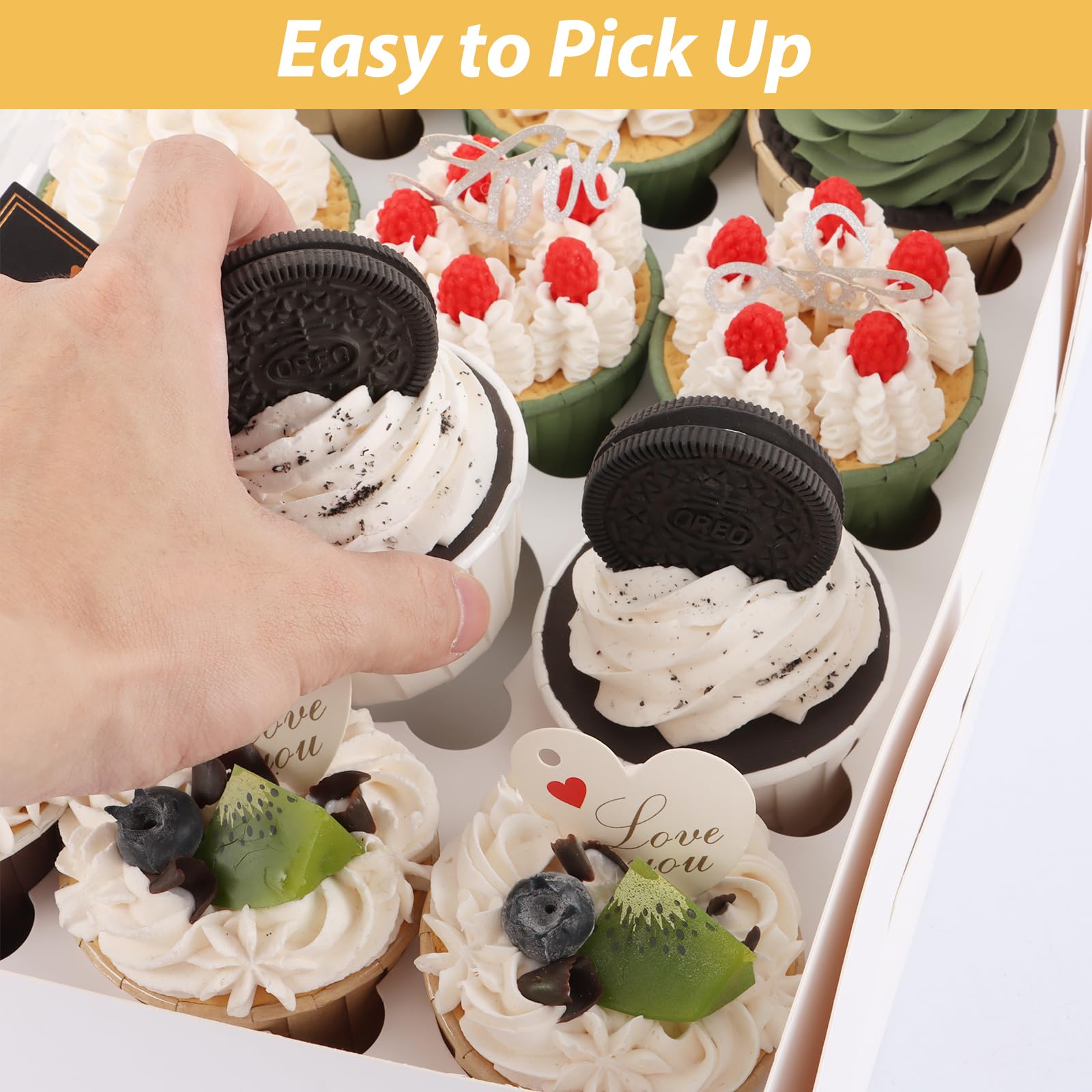Paquete de 10 cajas para cupcakes, 24 recipientes desechables para cupcakes, 24 unidades con ventana, soporte blanco para cupcakes y pasteles