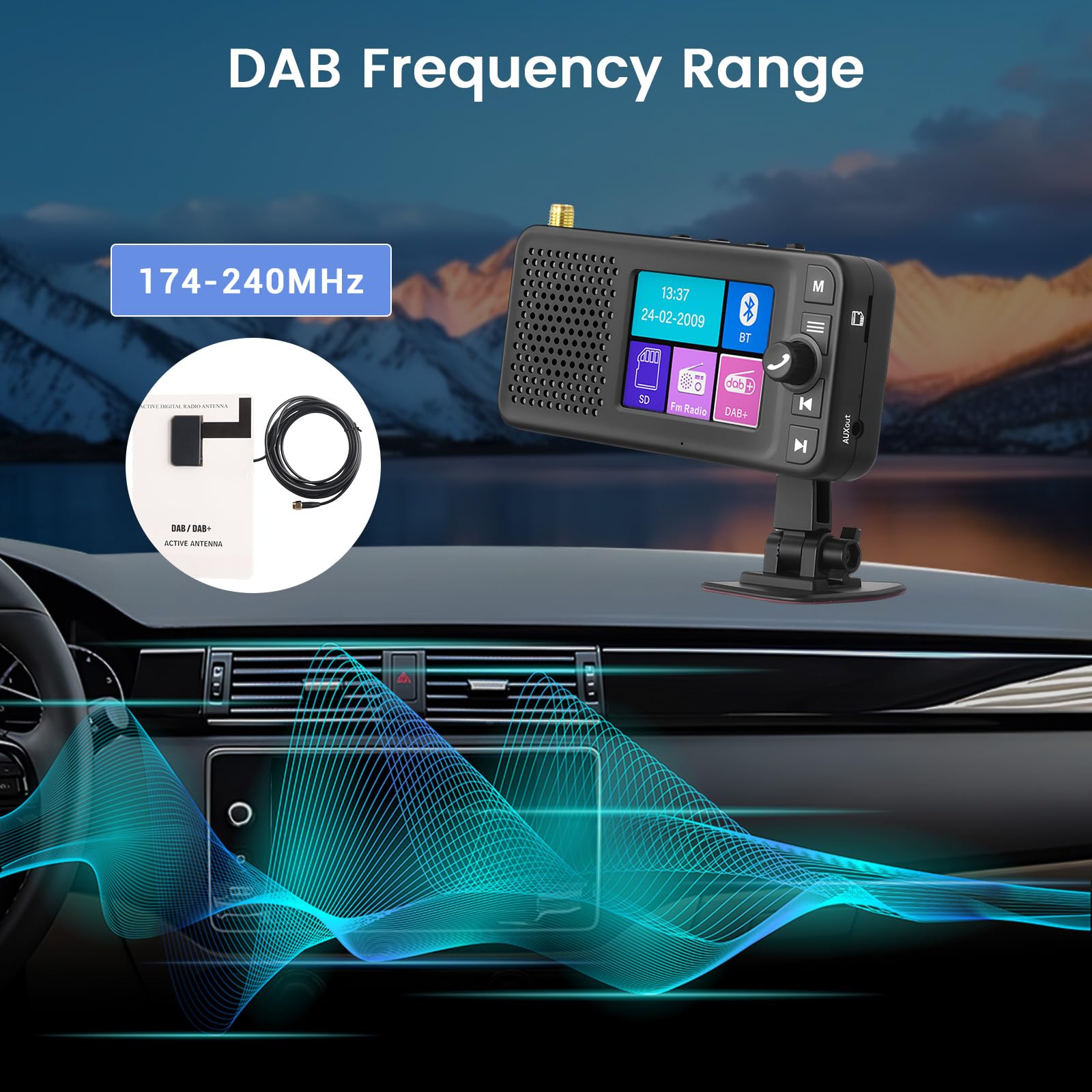Hikity Radio samochodowe DAB/DAB+ adapter, kolorowy wyświetlacz LCD 2,4 cala + nadajnik DAB/FM + Bluetooth do odtwarzania muzyki + wejście pomocnicze / wyjście + ładowarka samochodowa
