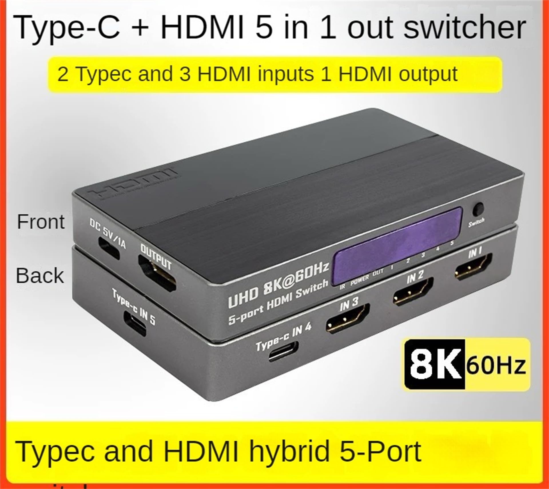 Przełącznik HDMI 2.1 kompatybilny z 8K 60 Hz i 4K 120 Hz, 5 wejść i 1 wyjście z 3 portami HDMI i 2 portami typu C, konwerter do Xbox, PS5 i monitorów.